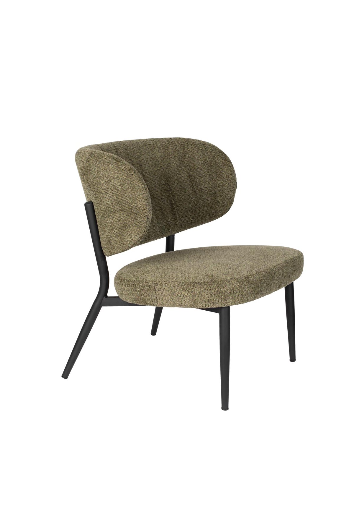 Sessel Sanne von White Label Living: grüngrauer Polyester-Bezug, schwarzer Metallrahmen, gepolsterter Sitz und Rückenlehne mit Ziersteppmuster.