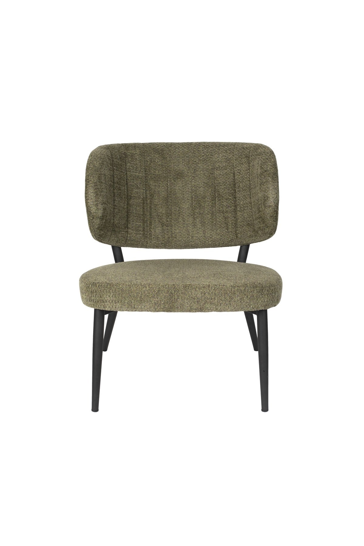 Sessel Sanne von White Label Living: grüngrauer Polyester-Bezug, schwarzer Metallrahmen, gepolsterter Sitz und Rückenlehne mit Ziersteppmuster.