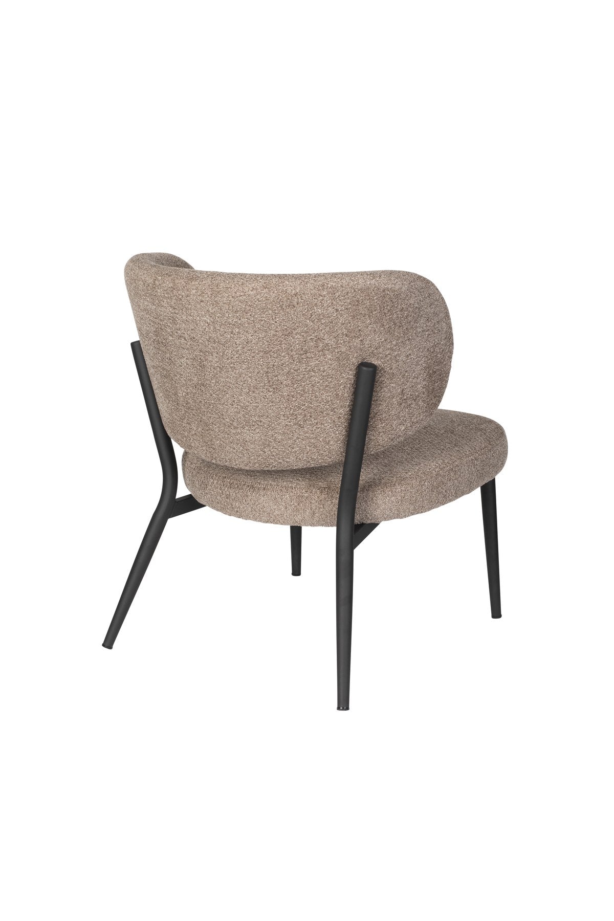 Braun gepolsterter Sessel Sanne mit Stahlrahmen, Rückenlehne mit Zierstich, Sitzschale aus Birken-Sperrholz, Frontalansicht.