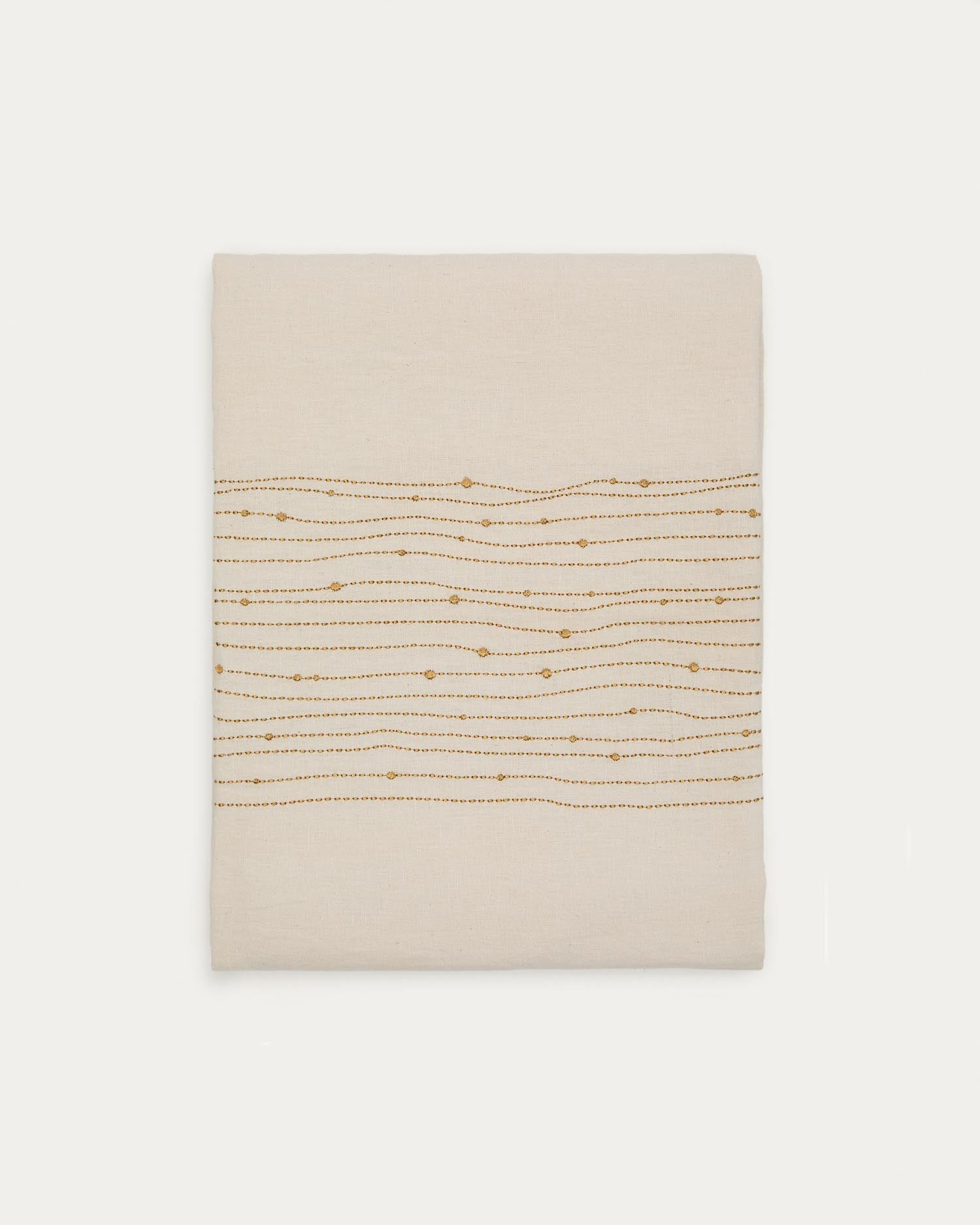 Elegante Tischdecke Flia: Weißes Leinen-Baumwoll-Mix mit goldener Lurex-Stickerei, 150x250 cm, von Kave Home.