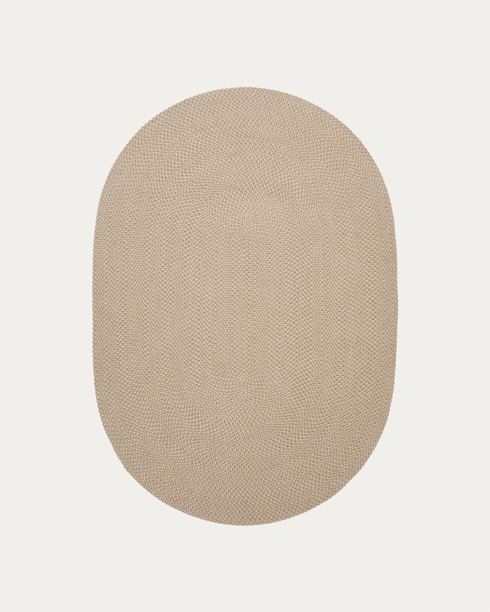 Ovaler, beiger Teppich aus 100% recyceltem PET, 160x230 cm, wetterfest, ideal für Außenbereiche.