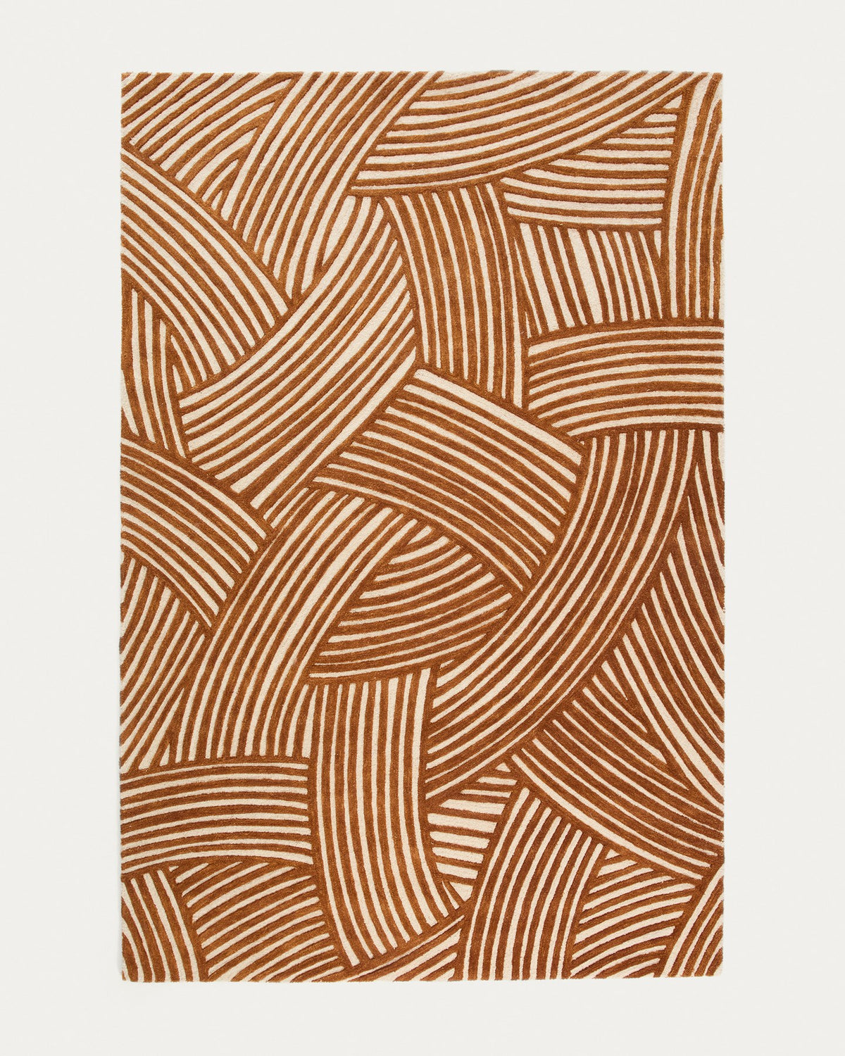 Handgewebter Wollteppich in Beige und Kupfer mit Jacquardmuster, Grösse 200 x 300 cm, aus 100% Wolle gefertigt.