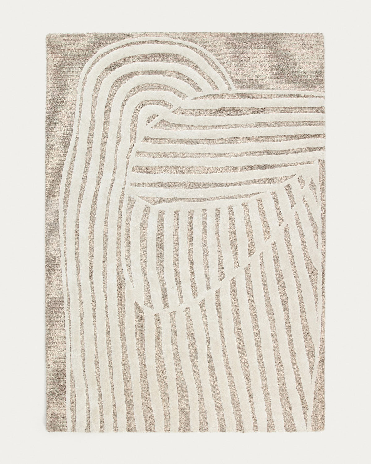 Handgefertigter beiger Teppich Colire aus Wolle und Viskose mit grafischem Reliefmuster, rechteckige Form, 200 x 300 cm.