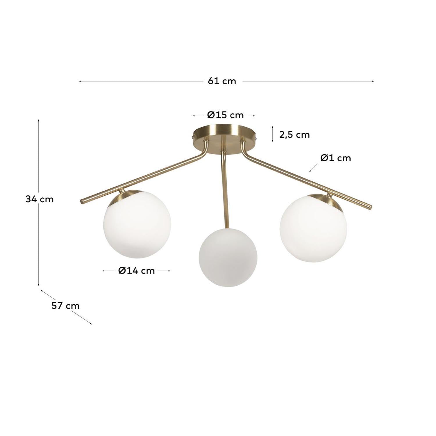 Mahala Deckenlampe aus messingfarbenem Stahl mit 3 Milchglaskugeln in Gold, Weiß präsentiert im Onlineshop von KAQTU Design AG. Deckenleuchte ist von Kave Home