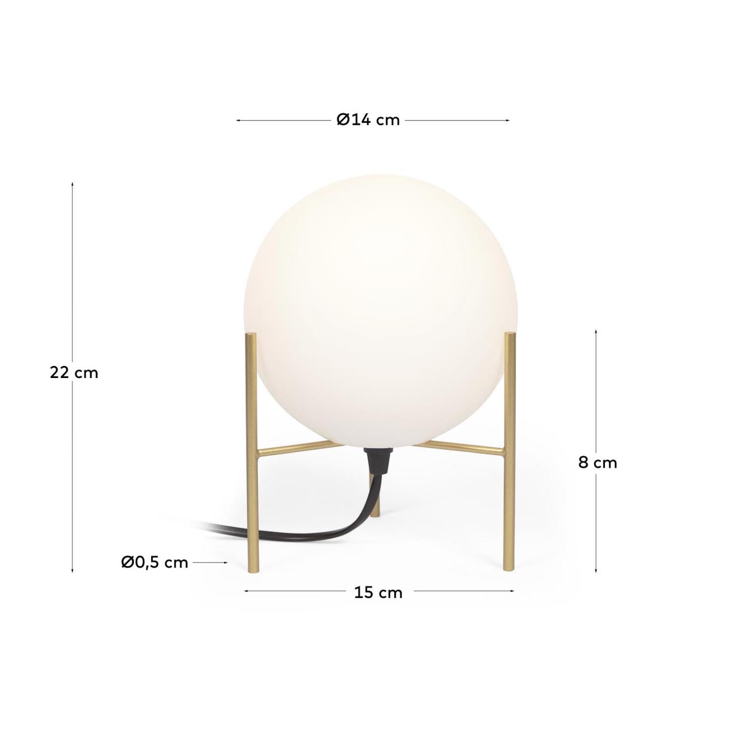Elegante Seina Tischlampe: Stahl mit Messing-Finish, kugelförmiger Milchglasschirm, modernes Design, vielseitig einsetzbar.