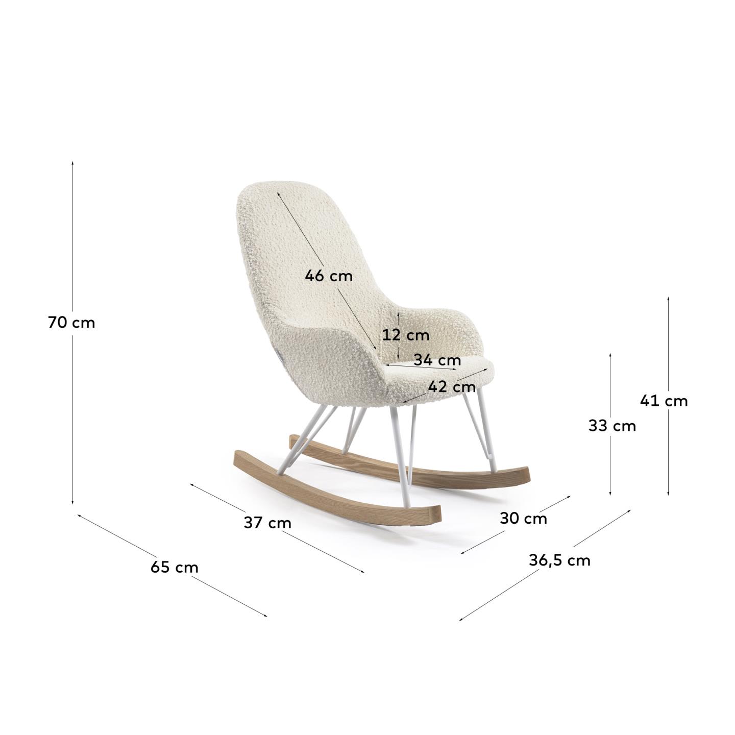 Der Joey Schaukelstuhl für Kinder vereint stilvolles Design und Komfort. Der weiße Bouclé-Stoff lädt zum Träumen und Entspannen ein.
