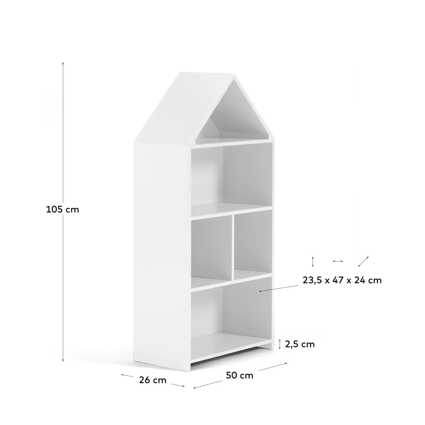 Das Celeste Kinderhaus Regal von Kave Home, 50x105 cm, aus weißem MDF, bietet praktische und elegante Aufbewahrung für Kinderzimmer.