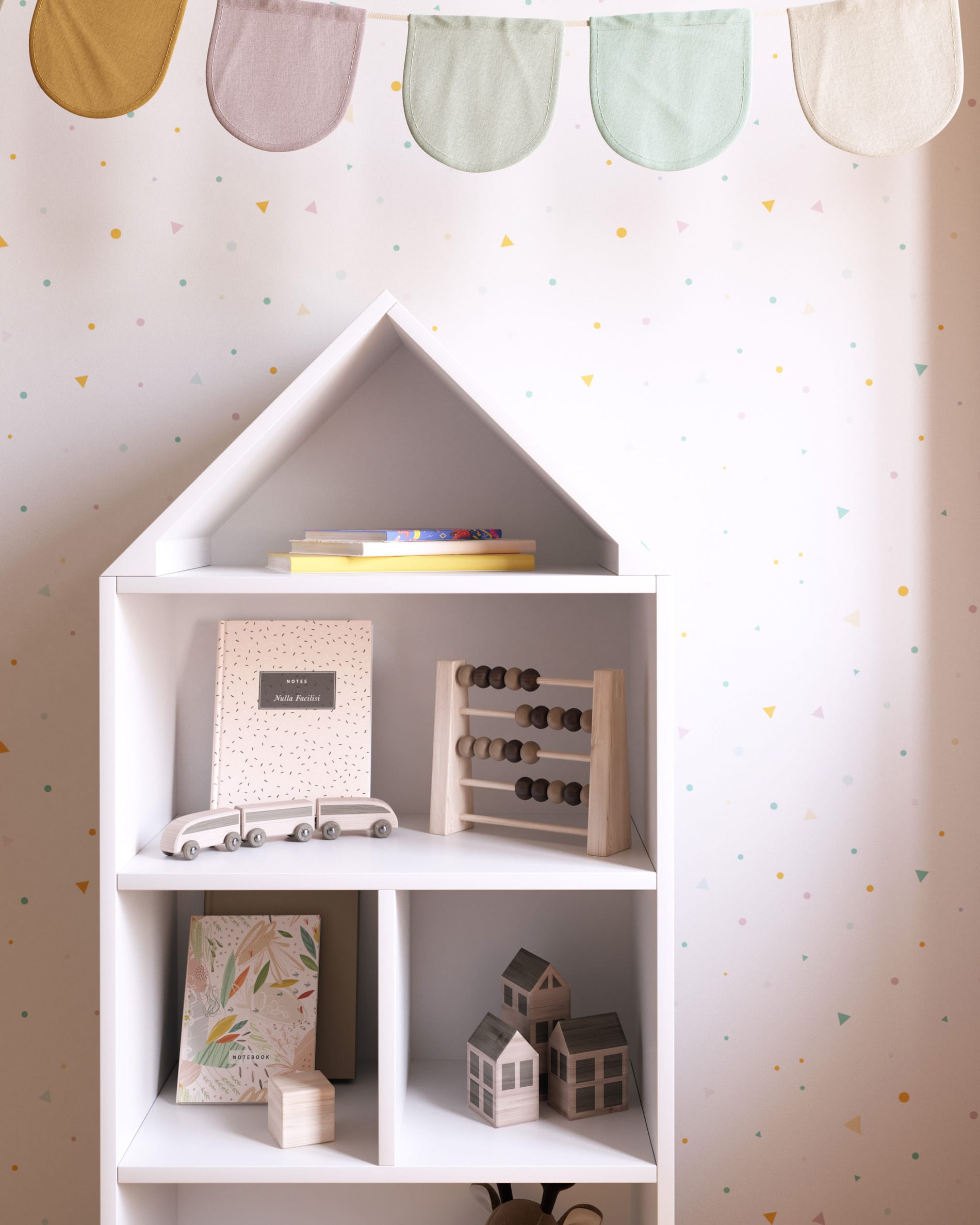 Das Celeste Kinderhaus Regal von Kave Home, 50x105 cm, aus weißem MDF, bietet praktische und elegante Aufbewahrung für Kinderzimmer.