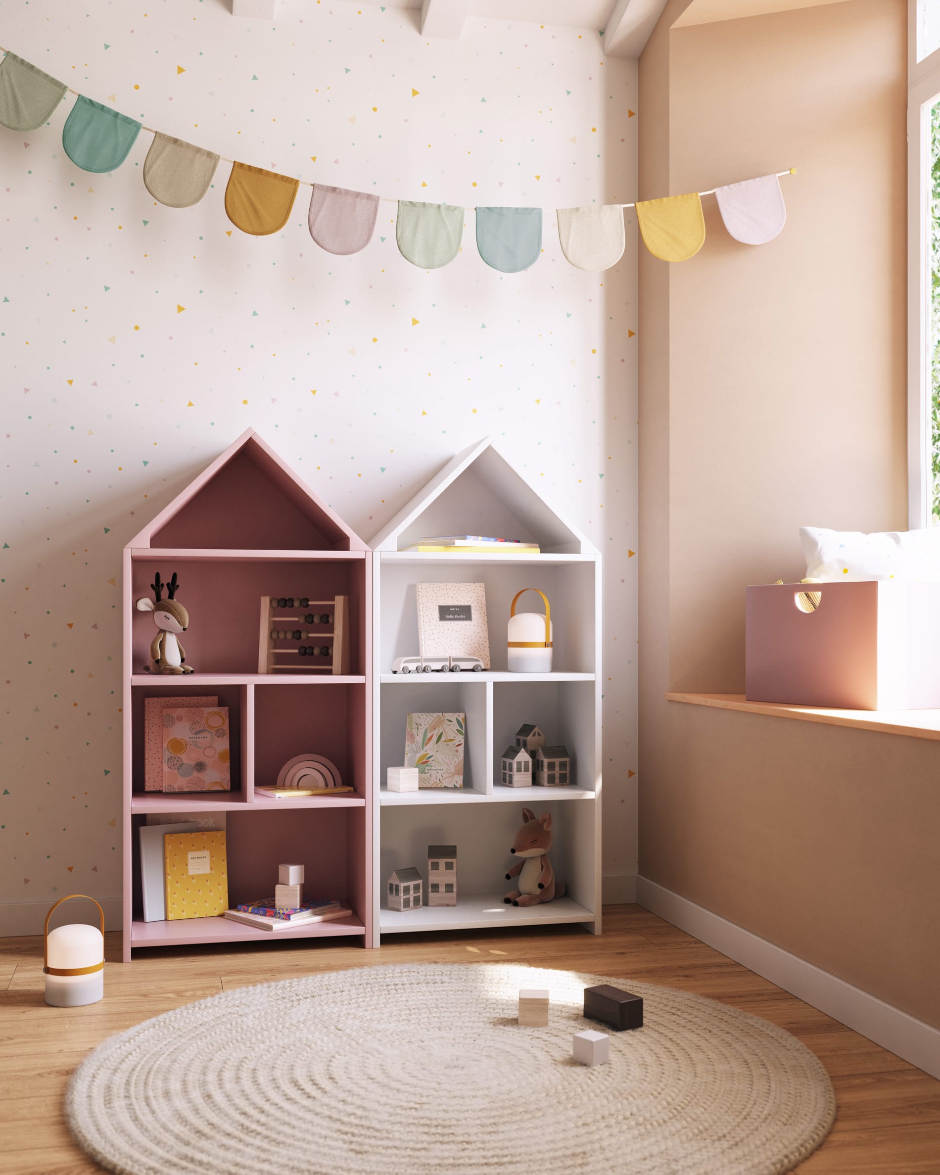 Das Celeste Kinderhaus Regal von Kave Home, 50x105 cm, aus weißem MDF, ist ideal für stilvolle und funktionale Kinderzimmer-Aufbewahrung.