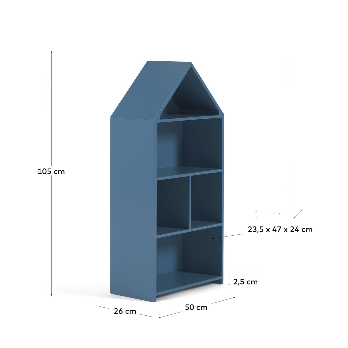 Das Celeste Kinderhaus Regal von Kave Home in Blau (50x105 cm) bietet stilvolle und funktionale Aufbewahrung für jedes Kinderzimmer.
