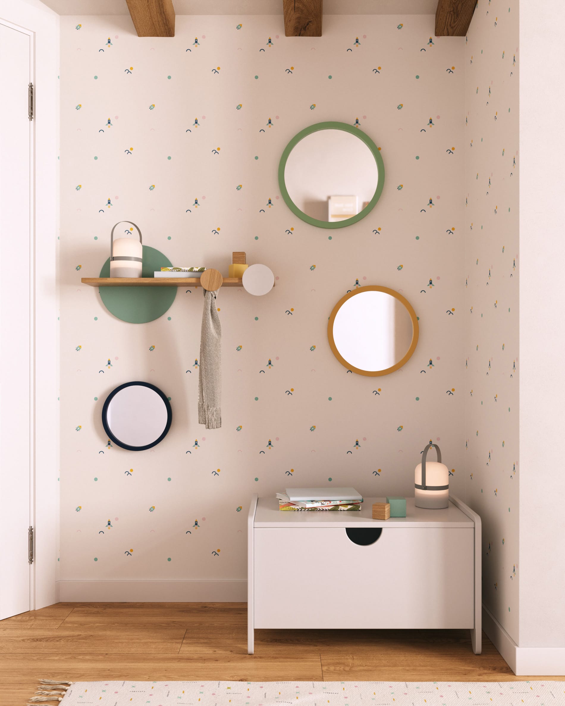 Diti Regal aus Kiefernholz mit weißem und türkisem MDF, 60x26 cm, stilvoll und funktional, ideal für modernes Wohnen.