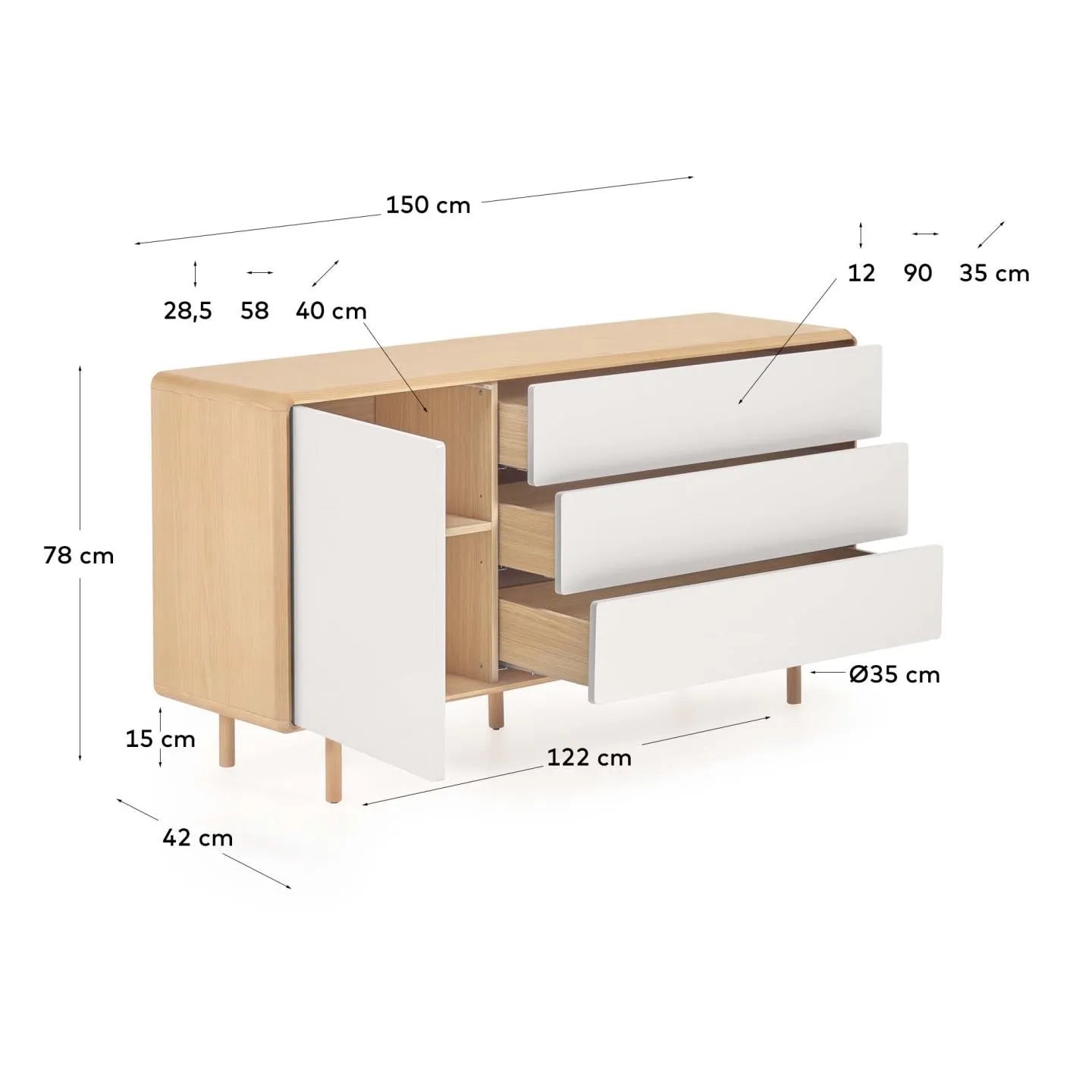 Das Anielle Sideboard aus Esche, 150x78 cm, kombiniert 1 Tür und 3 Schubladen für eleganten Stauraum in Ihrem Wohnbereich.