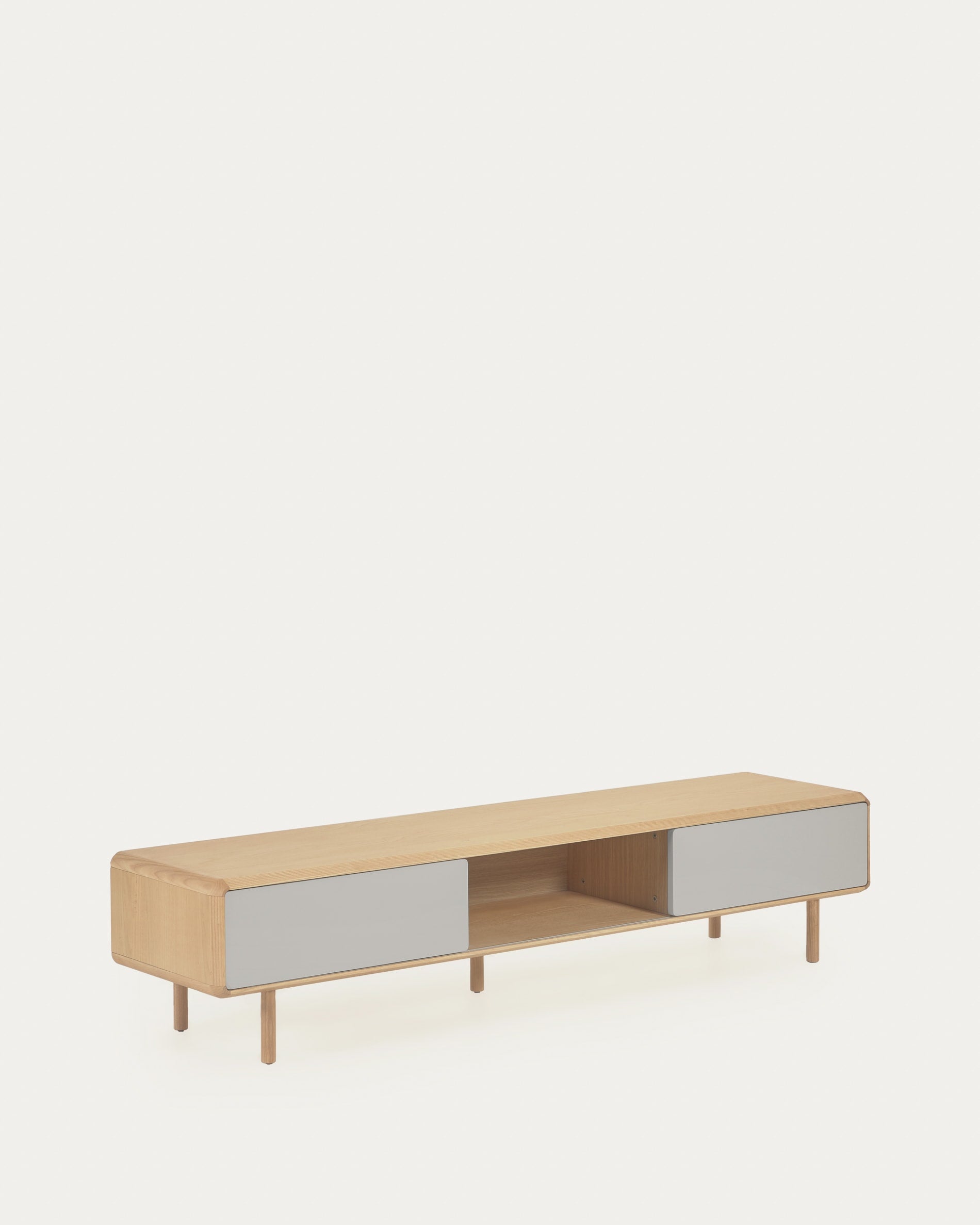 Eleganter TV-Schrank aus massiver Esche, weissgraues Finish, 2 Türen, 180x41 cm, stilvoller Stauraum für Ihr Zuhause.
