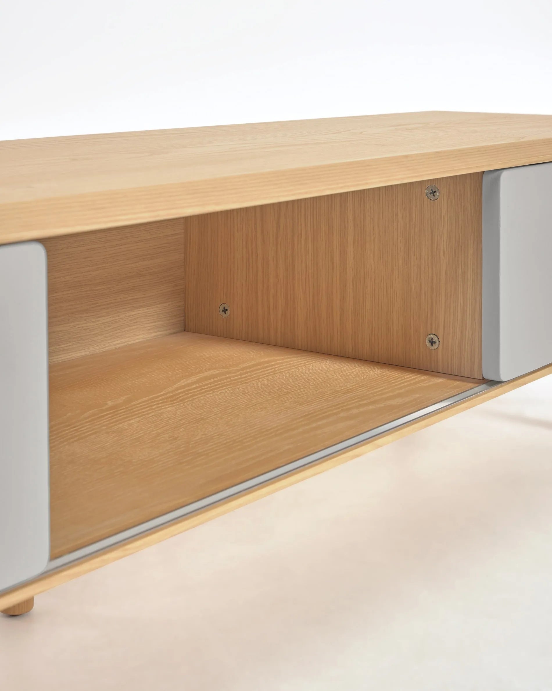 Moderner TV-Schrank aus massiver Esche und Furnier, 180 x 41 cm, mit 2 Türen, perfekt für ein elegantes Wohnzimmer.