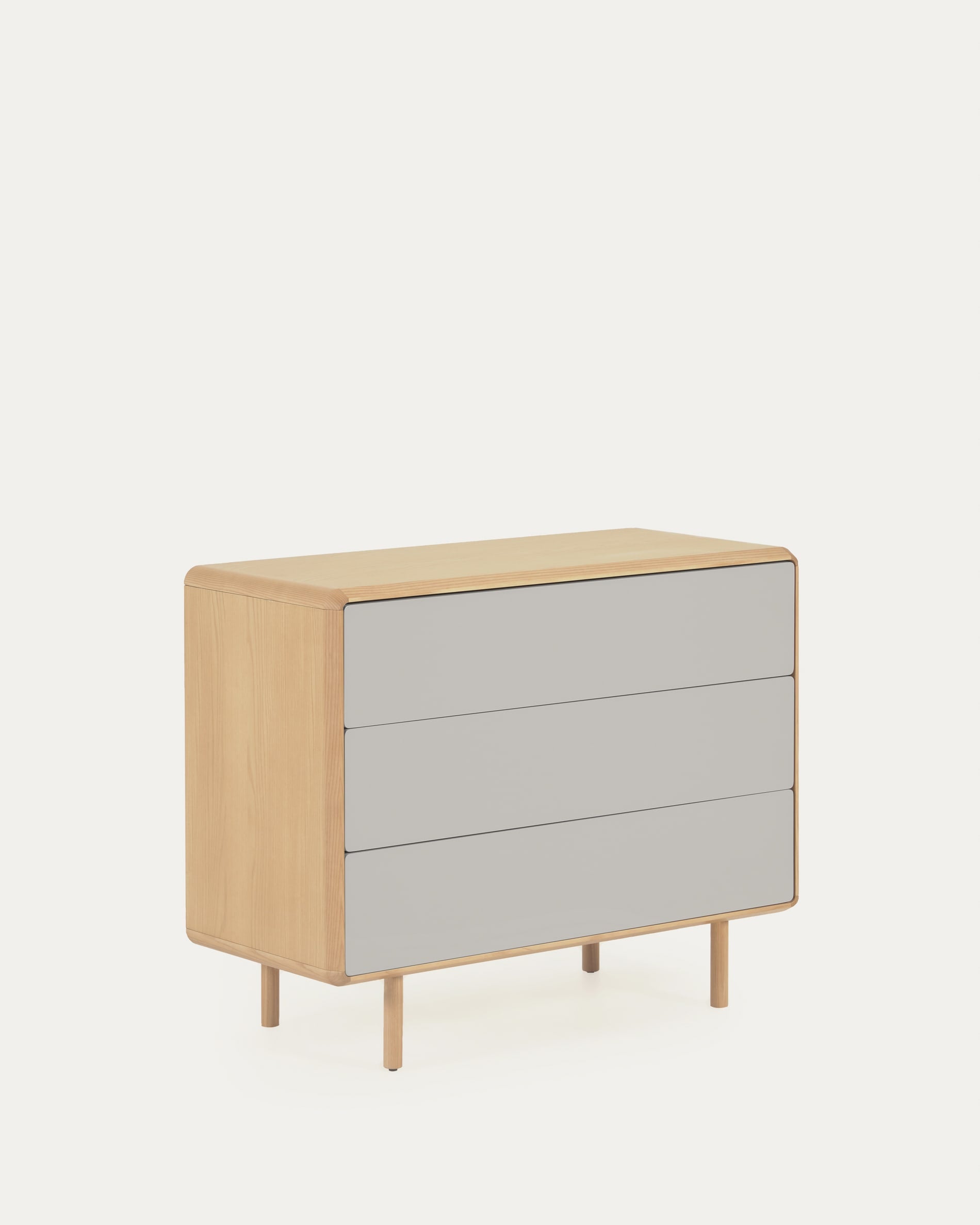 3D-Modell der Anielle Kommode: 3 Schubladen, massive Esche, weissgrau, 99x78,5 cm, elegant und funktional, von Kave Home.