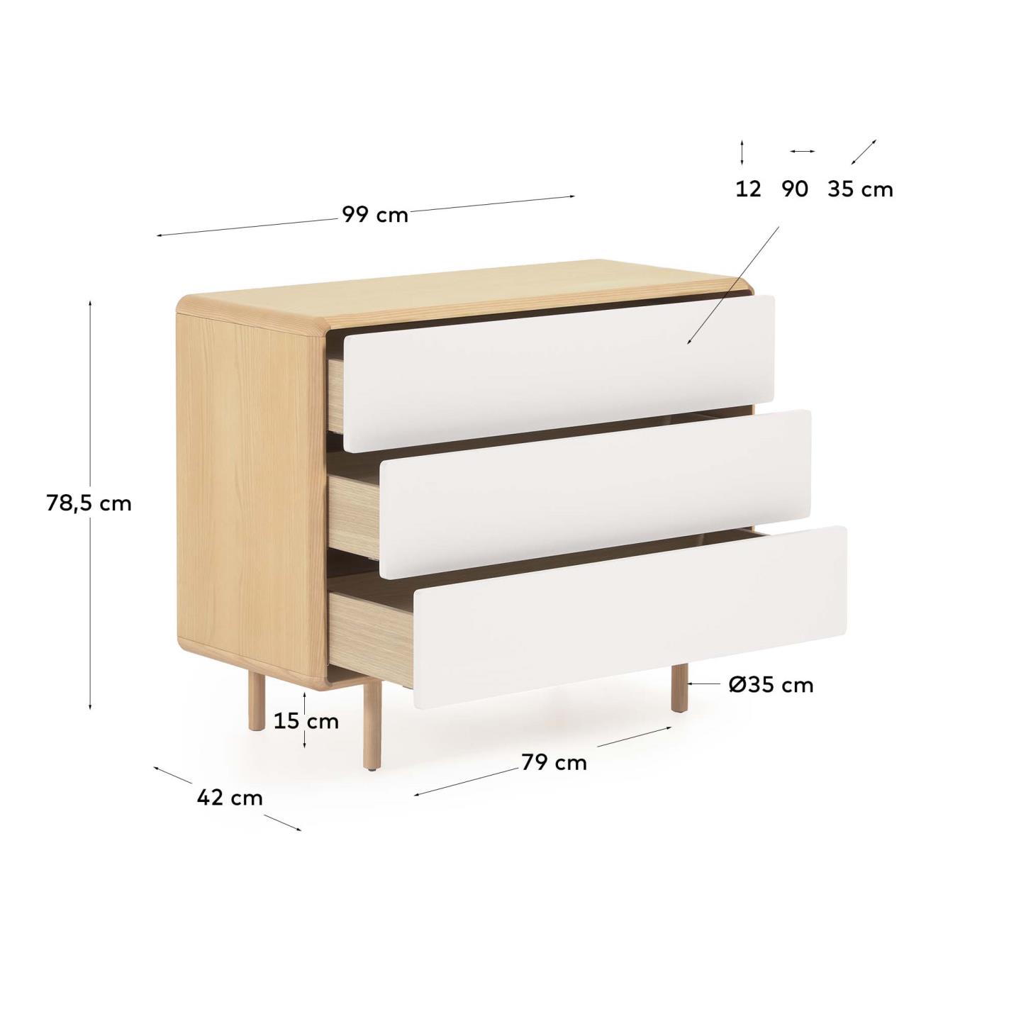 Die Anielle Kommode aus massiver Esche überzeugt mit 3 geräumigen Schubladen und zeitlosem Design, ideal für jeden Wohnraum.
