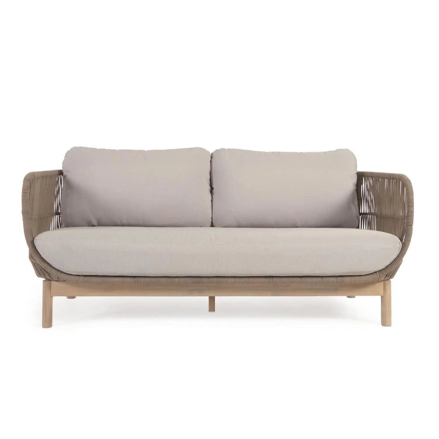 Elegantes Catalina 3-Sitzer Sofa: Akazienholz, beiges Seil, UV-beständig, FSC-zertifiziert. Perfekt für stilvolle Aussenbereiche.