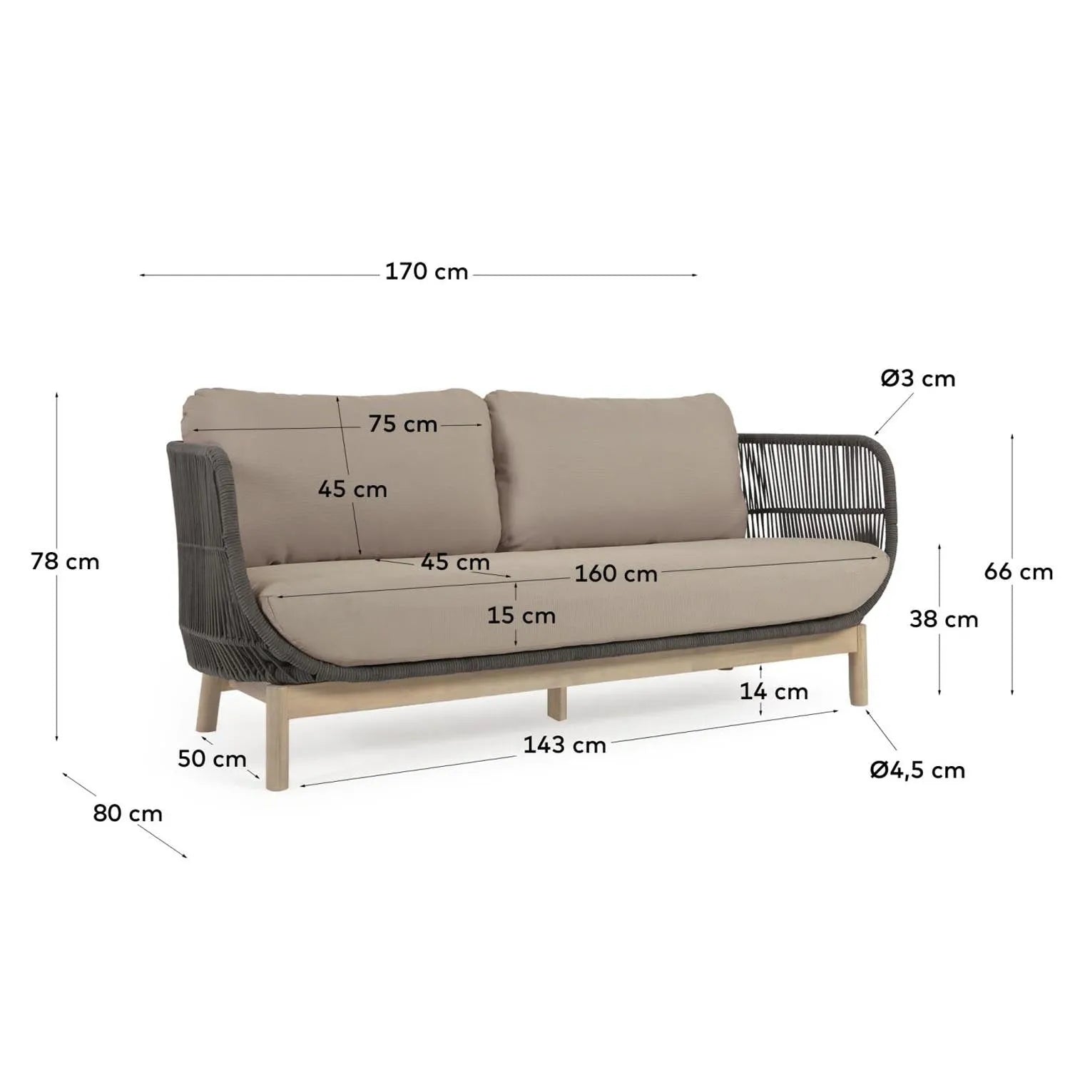 Stilvolles 3-Sitzer Sofa aus grünem Seil & Akazienholz, FSC 100%.