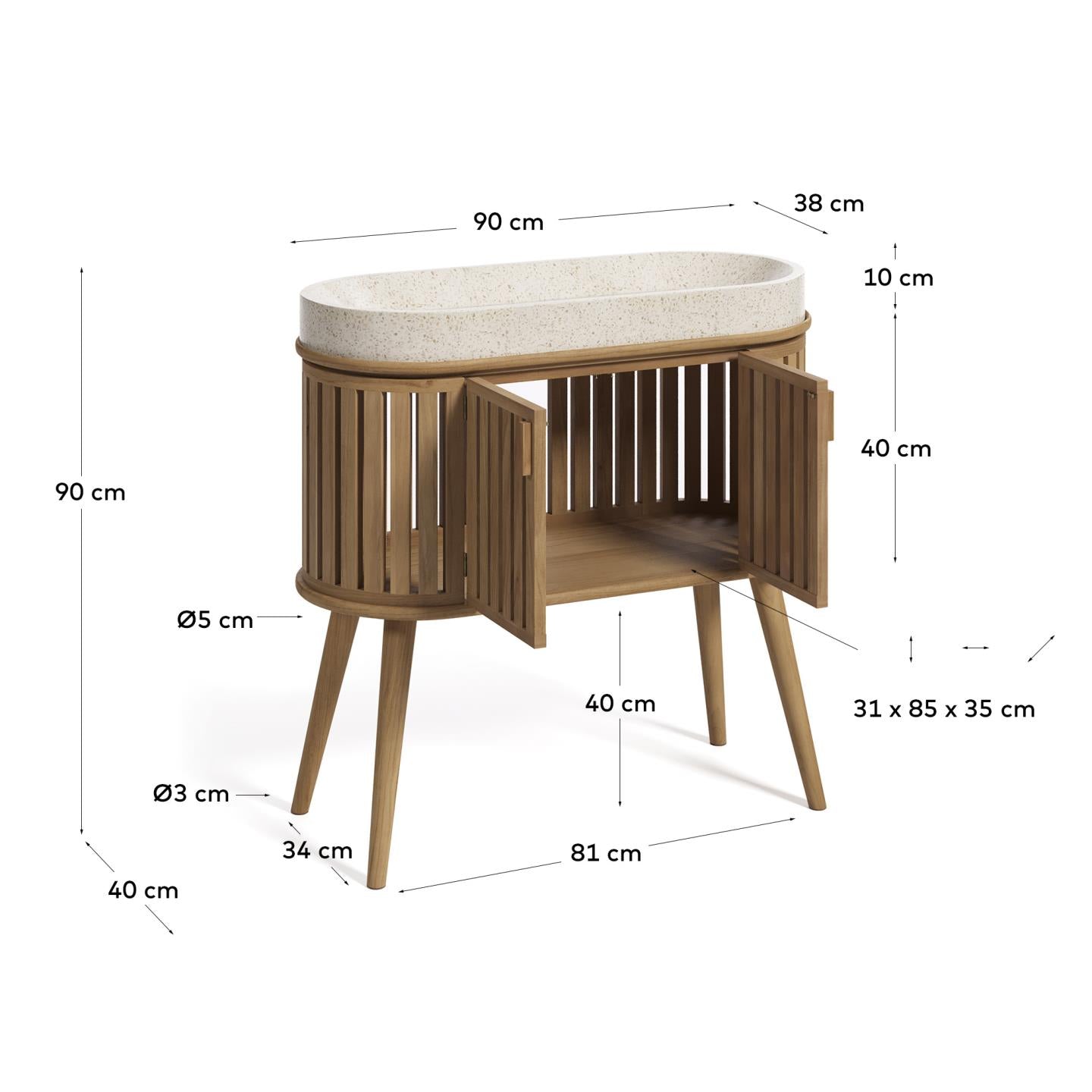 Erlebe den Rokia Waschtisch aus massivem Teakholz (90x80 cm) von Kave Home – ein stilvolles Möbelstück, das Funktionalität und natürliche Schönheit vereint.