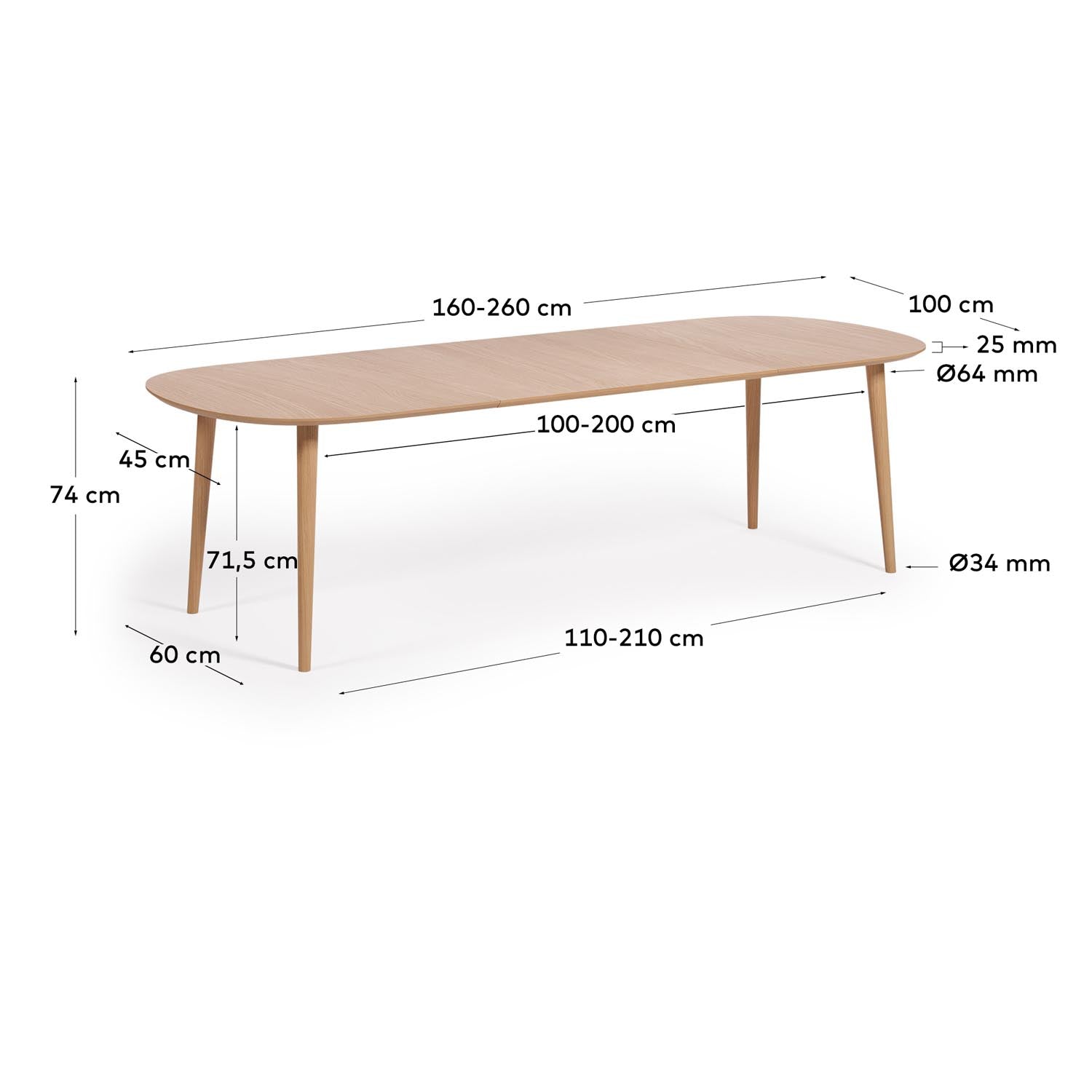 Oqui Ausziehtisch MDF mit Eichenfurnier Beine aus massivem Kautschukholz 160(260)x100 cm in Natur präsentiert im Onlineshop von KAQTU Design AG. Esstisch ist von Kave Home