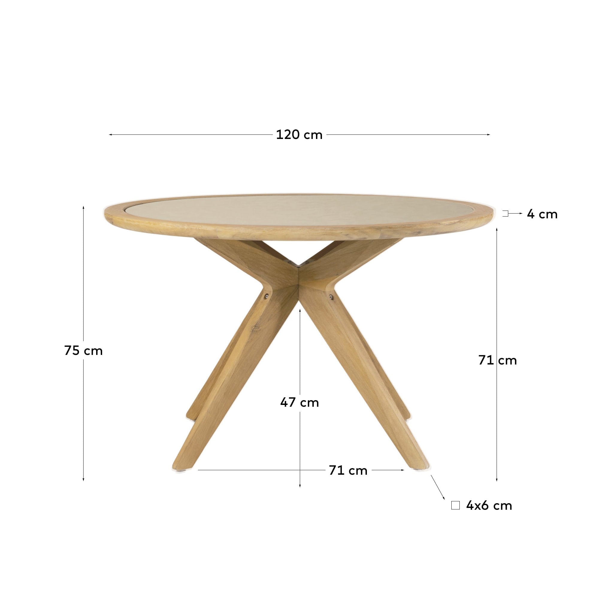 Eleganter runder Tisch aus beigem Polyzement und massivem Akazienholz, ideal für entspannte Momente im Garten oder auf der Terrasse.