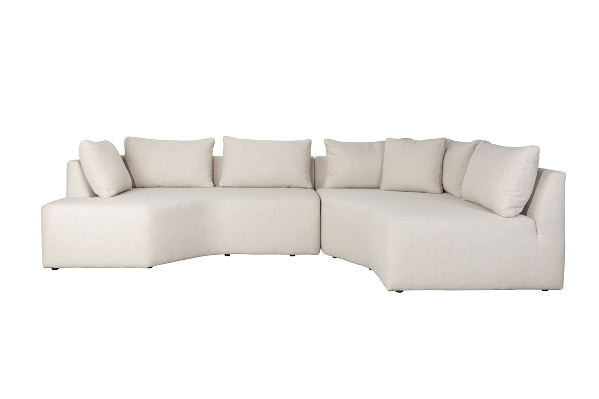 Chaise-Longue-Element eines modularen Sofas in Sand mit gepolsterter Sitzfläche aus Polyester und Off-White Farbton, rechts ausgerichtet.