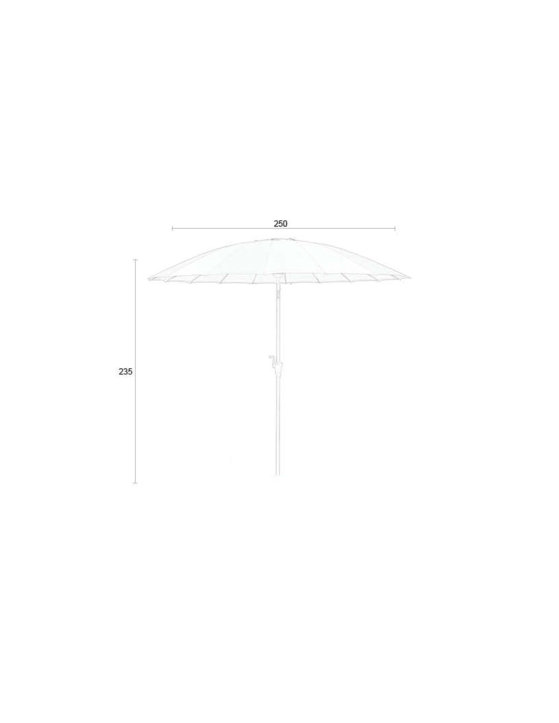 Sonnenschirm von Zuiver in Beige mit Stab aus pulverbeschichtetem Edelstahl und Griff zum Öffnen, aufgestellt auf einer Sonnenschirmbasis.