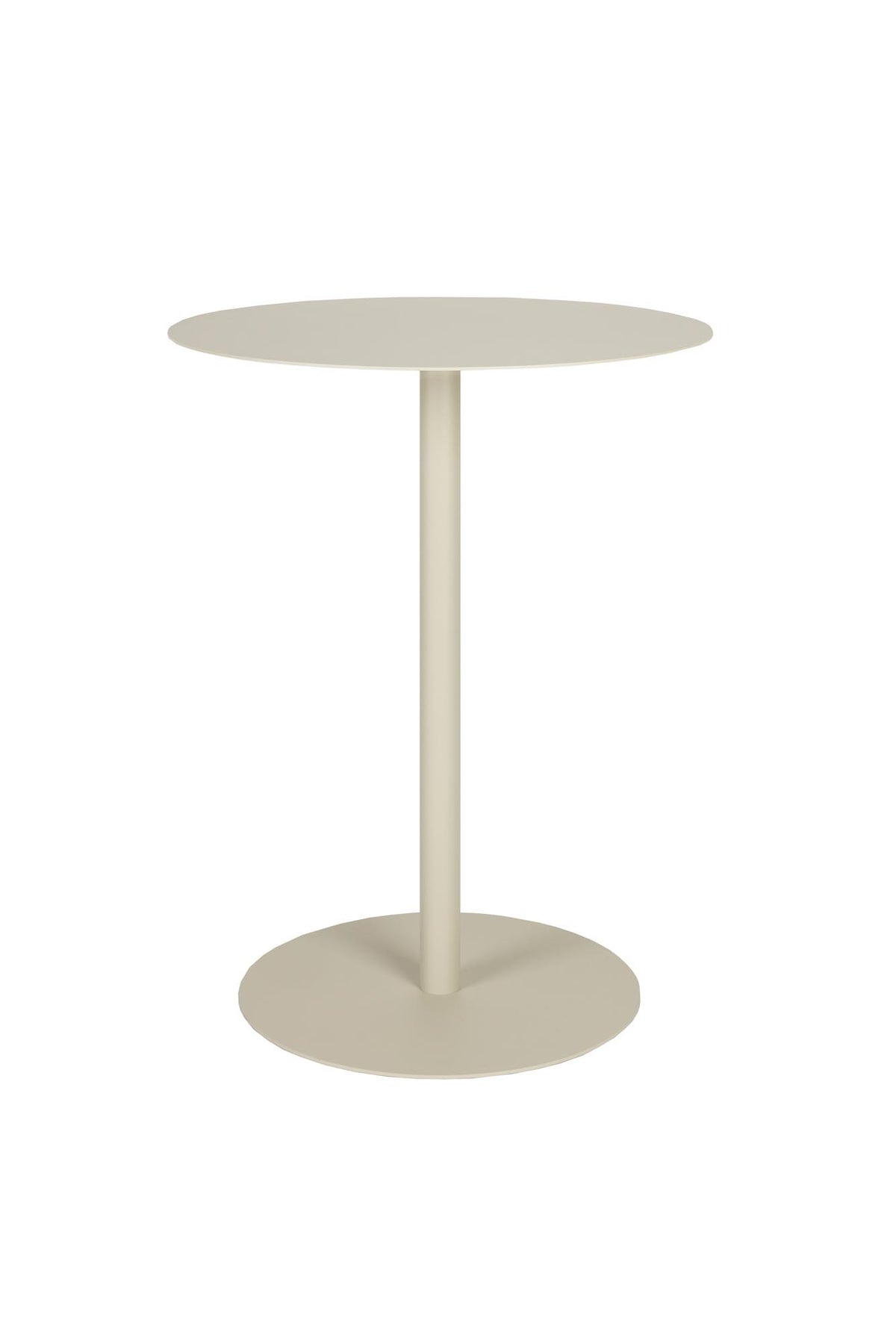 Runder Bistro Tisch Snow von Zuiver mit schlanker Metallplatte in Beige, mattes Finish, kompakte Bauform für drinnen und draussen.
