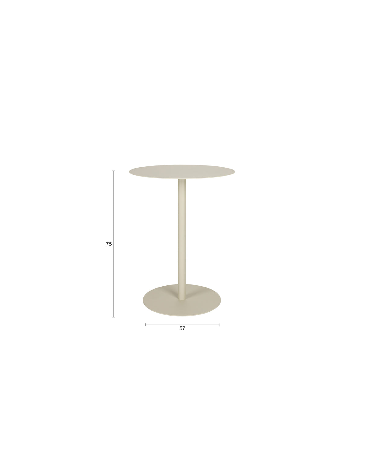 Runder Bistro Tisch Snow von Zuiver mit schlanker Metallplatte in Beige, mattes Finish, kompakte Bauform für drinnen und draussen.