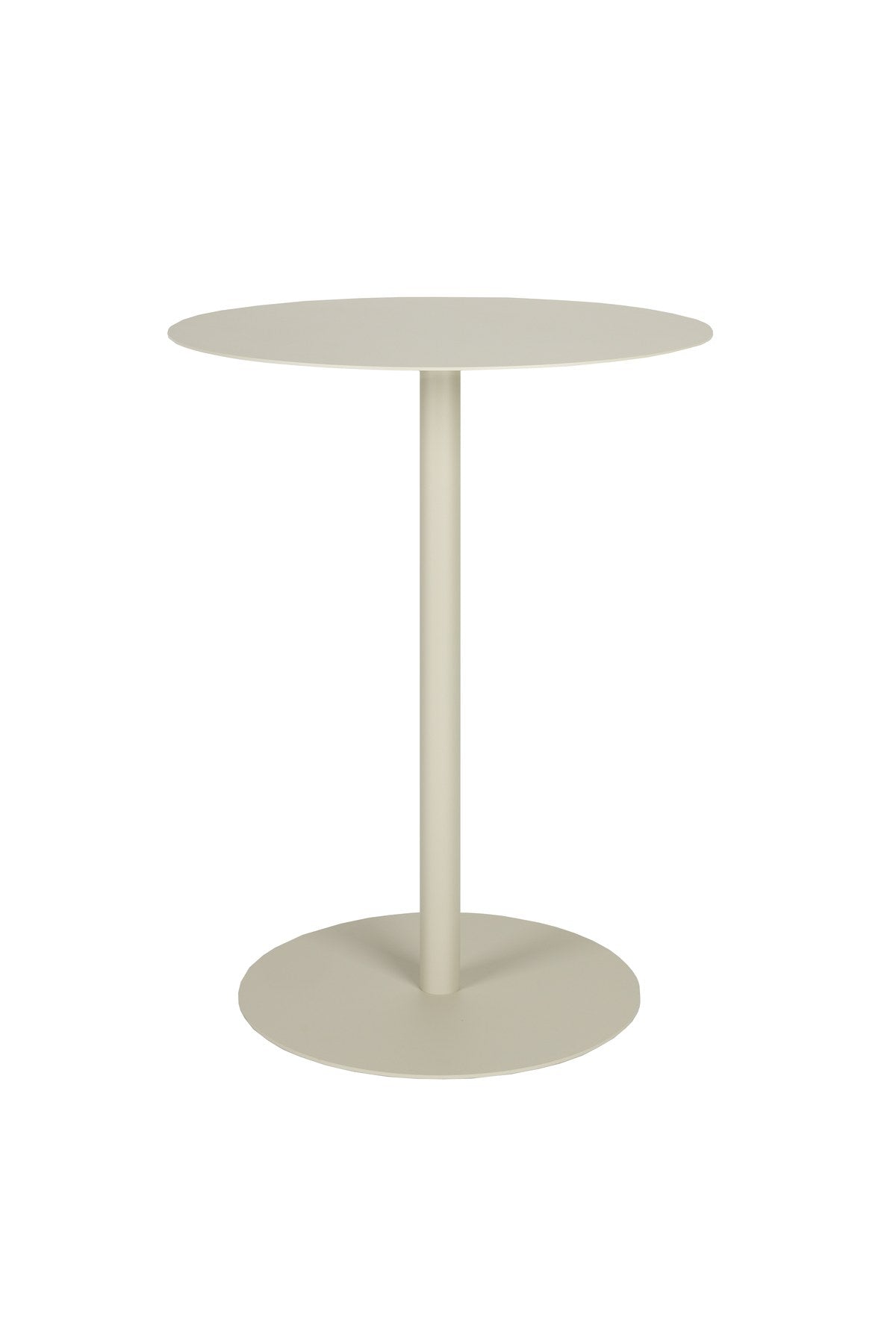 Runder Bistro Tisch Snow von Zuiver mit schlanker Metallplatte in Beige, mattes Finish, kompakte Bauform für drinnen und draussen.