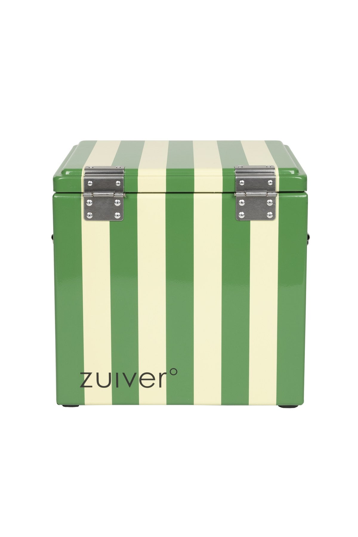 Grüne Kühltasche aus Stahl mit Pulverbeschichtung, zwei Griffen und Deckel, Modell Cooler Be Cute Stripes Green von Zuiver.