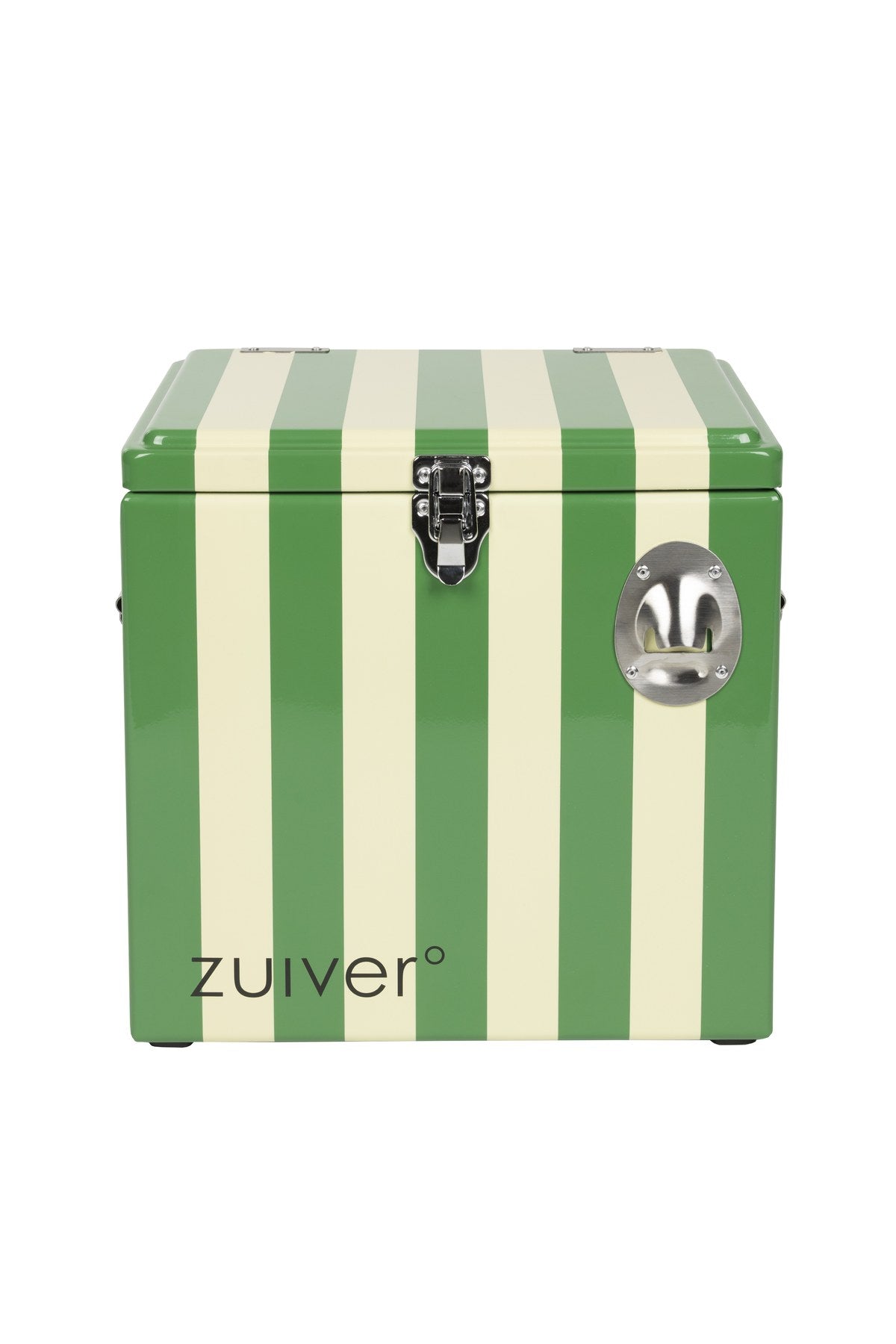 Grüne Kühltasche aus Stahl mit Pulverbeschichtung, zwei Griffen und Deckel, Modell Cooler Be Cute Stripes Green von Zuiver.