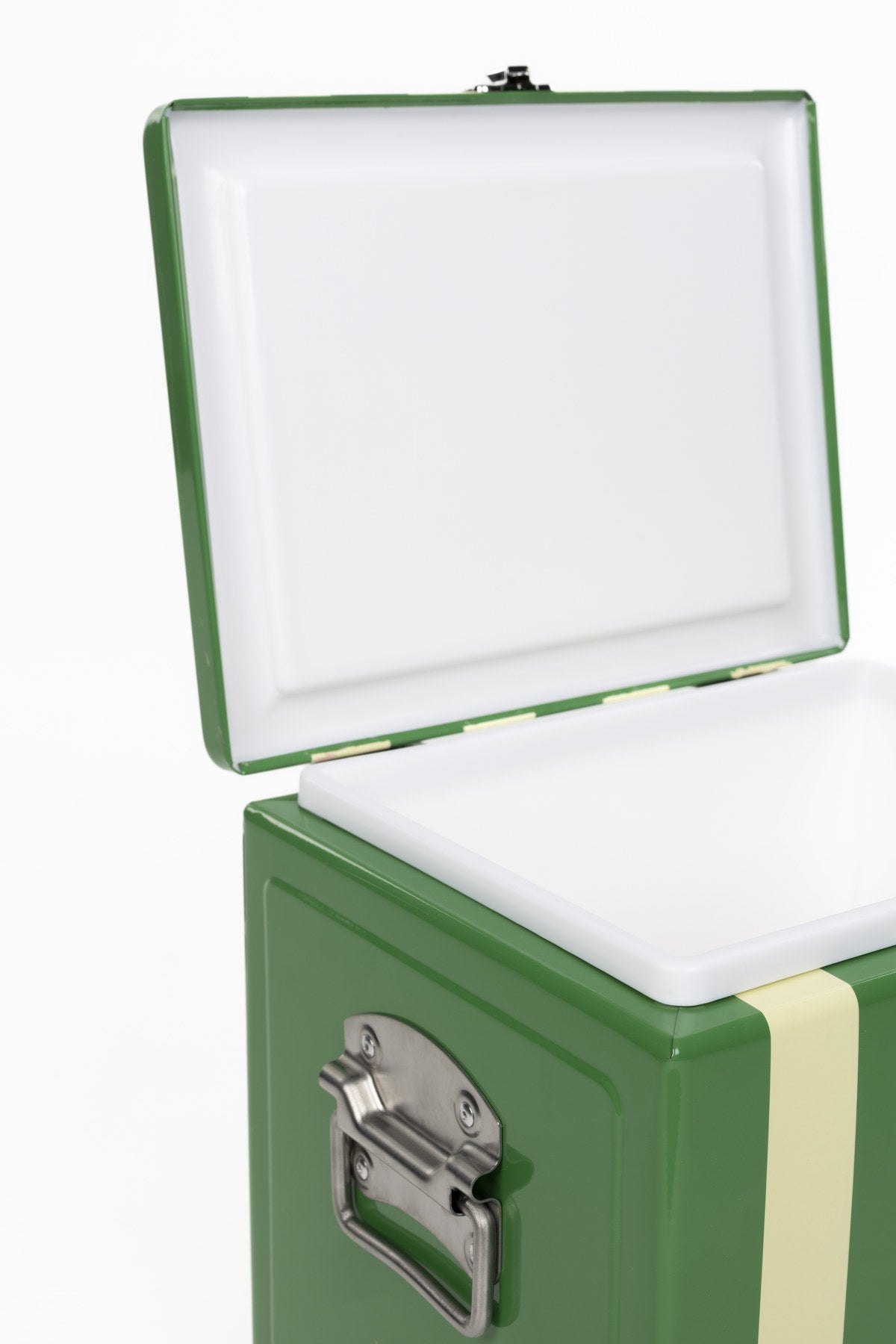 Grüne Kühltasche aus Stahl mit Pulverbeschichtung, zwei Griffen und Deckel, Modell Cooler Be Cute Stripes Green von Zuiver.