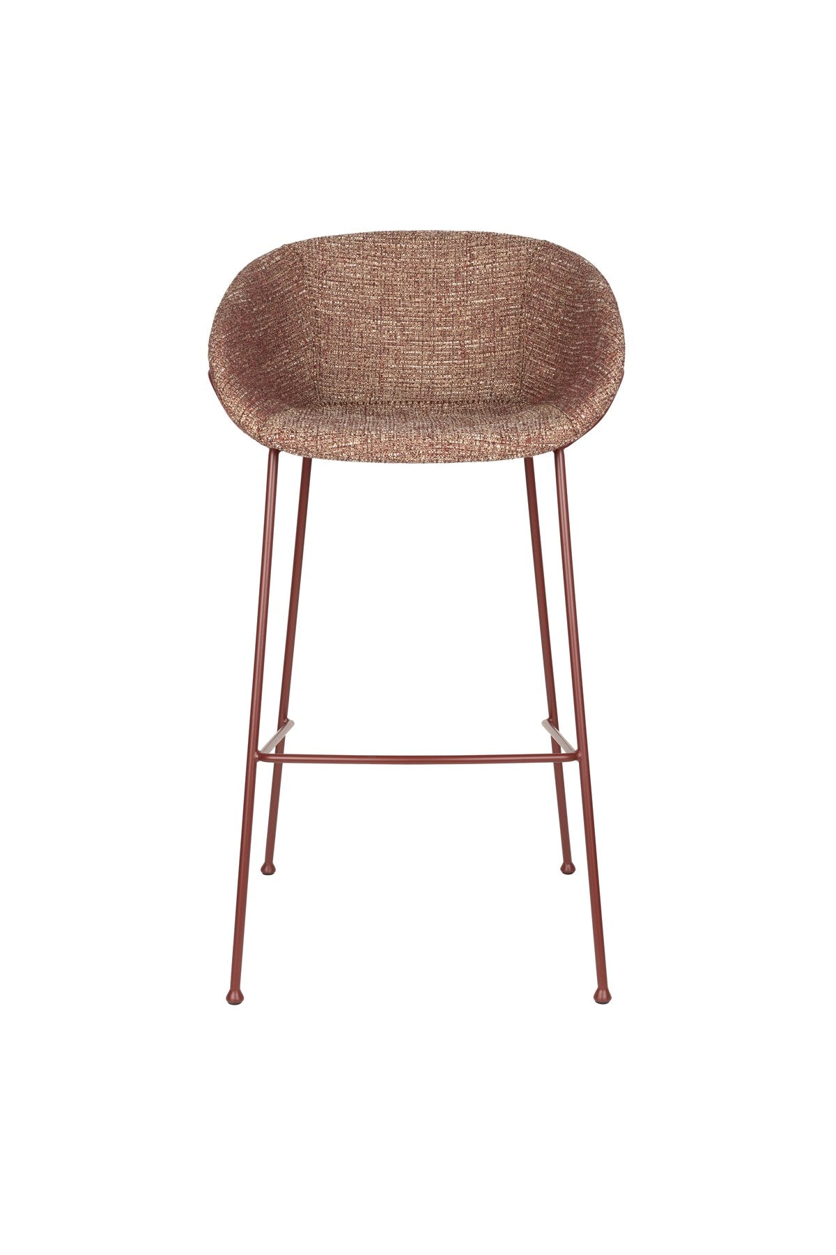 Barhocker Feston von Zuiver in Beige, gepolsterte Sitzfläche aus Eukalyptusholz mit Stahlrahmen an den Seiten, Rückenlehne aus Polyester.