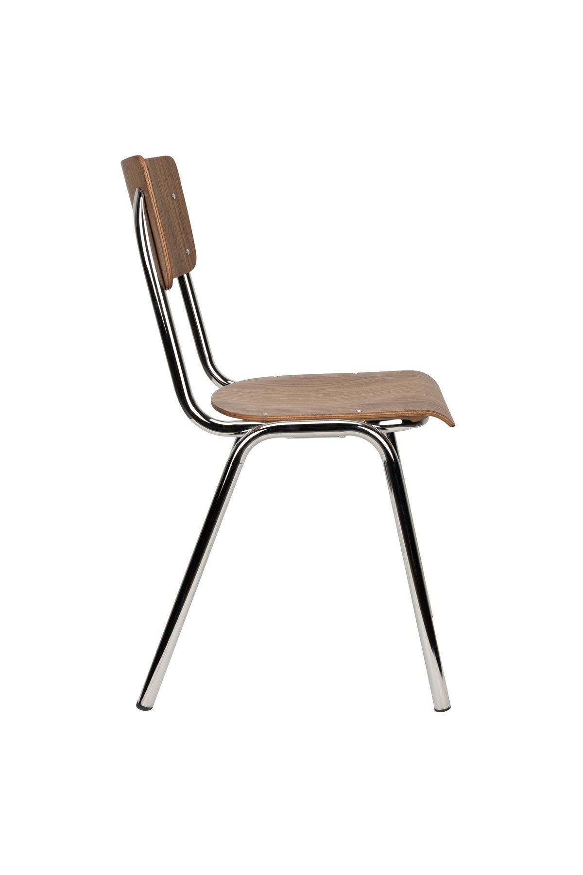 Stuhl Chair Back To School Walnut/Chrome von Zuiver mit brauner Buchenholz-Sitzfläche und beigem Gestell, Multiplex-Holzkante sichtbar.