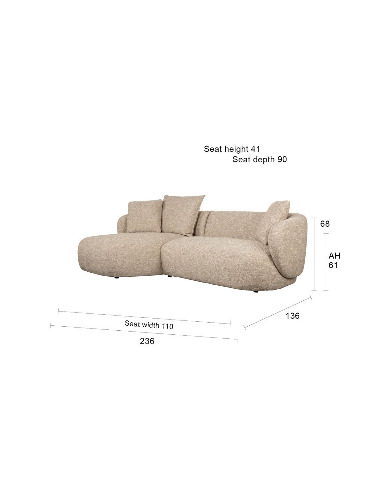 Hellbraunes L-Sofa Stones Lounge von Zuiver mit grob gewebtem Polyesterbezug und runden Formen