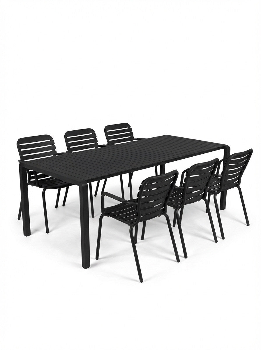 Schwarzes Gartentischset Vondel aus Aluminium: länglicher Tisch mit sechs Armlehnstühlen