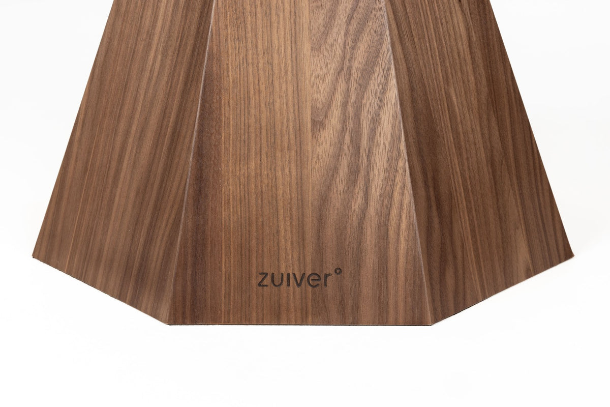 Runder Esstisch Dining Table Lotus Walnut von Zuiver in Braun mit achteckigem, sanduhrförmigem Holzgestell und beschichteter Tischplatte.
