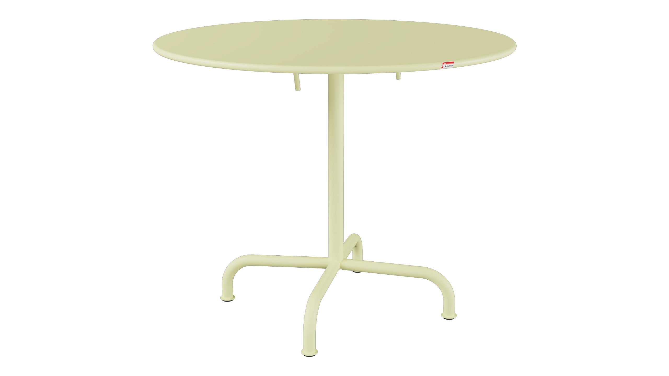 Rigi Metall-Gartentisch ø90 klappbar in Buchsbaumgelb präsentiert im Onlineshop von KAQTU Design AG. Gartentisch ist von Schaffner