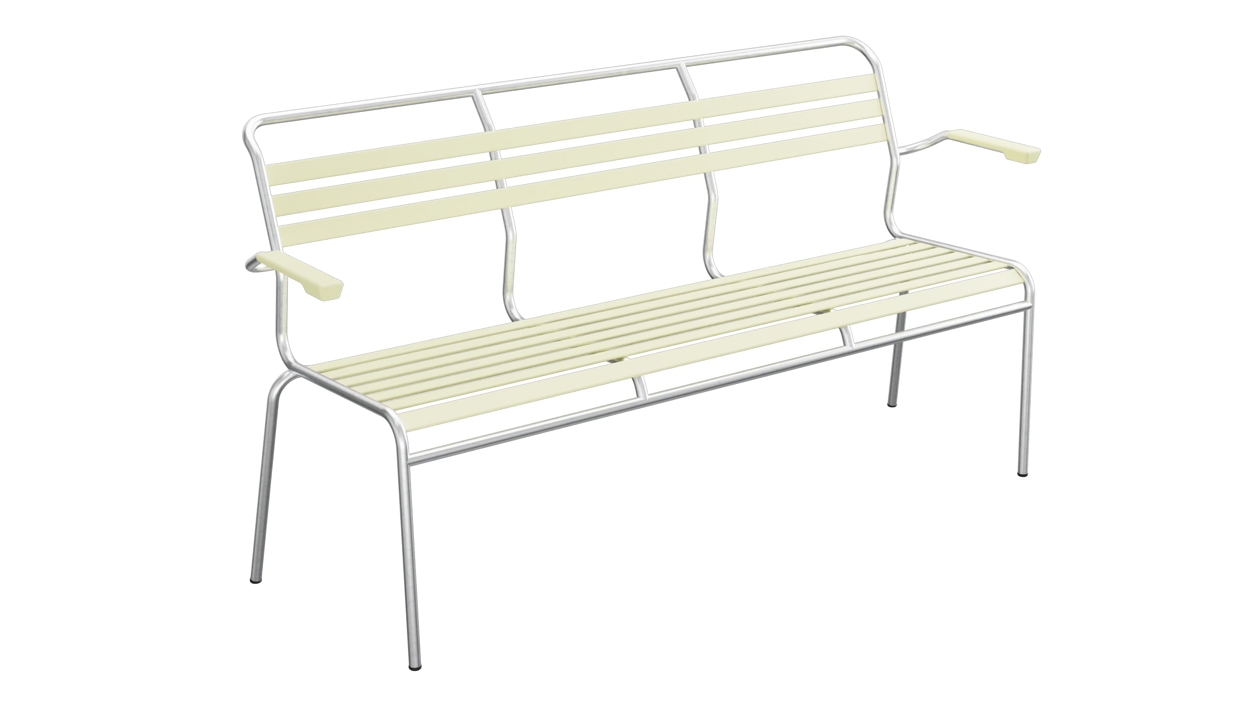 Säntis Lättli-3er Gartenbank mit Armlehne in Buchsbaumgelb präsentiert im Onlineshop von KAQTU Design AG. Gartenbank ist von Schaffner