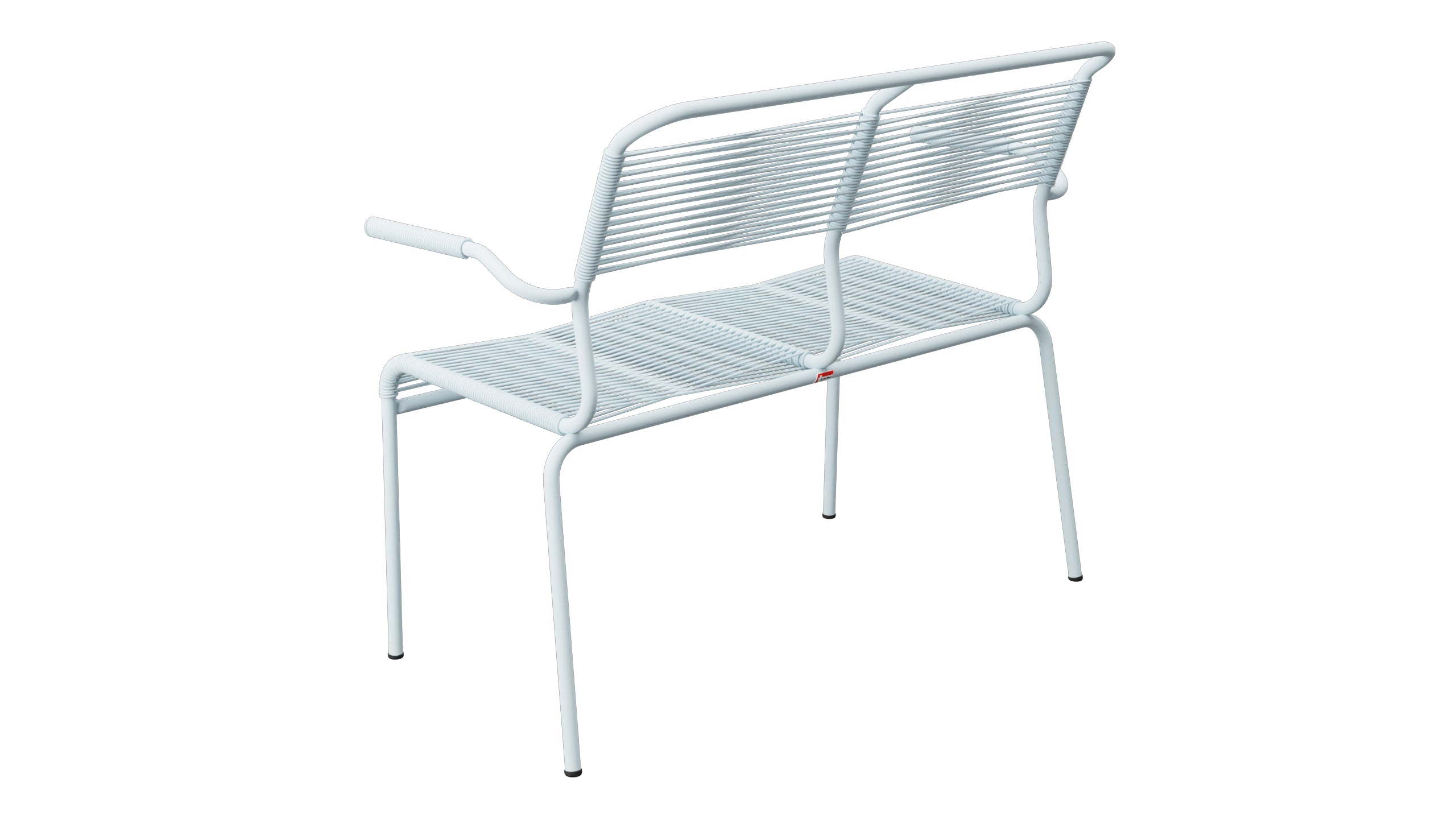 Säntis Spaghetti-2er Gartenbank mit Armlehne in Pastellblau präsentiert im Onlineshop von KAQTU Design AG. Gartenbank ist von Schaffner