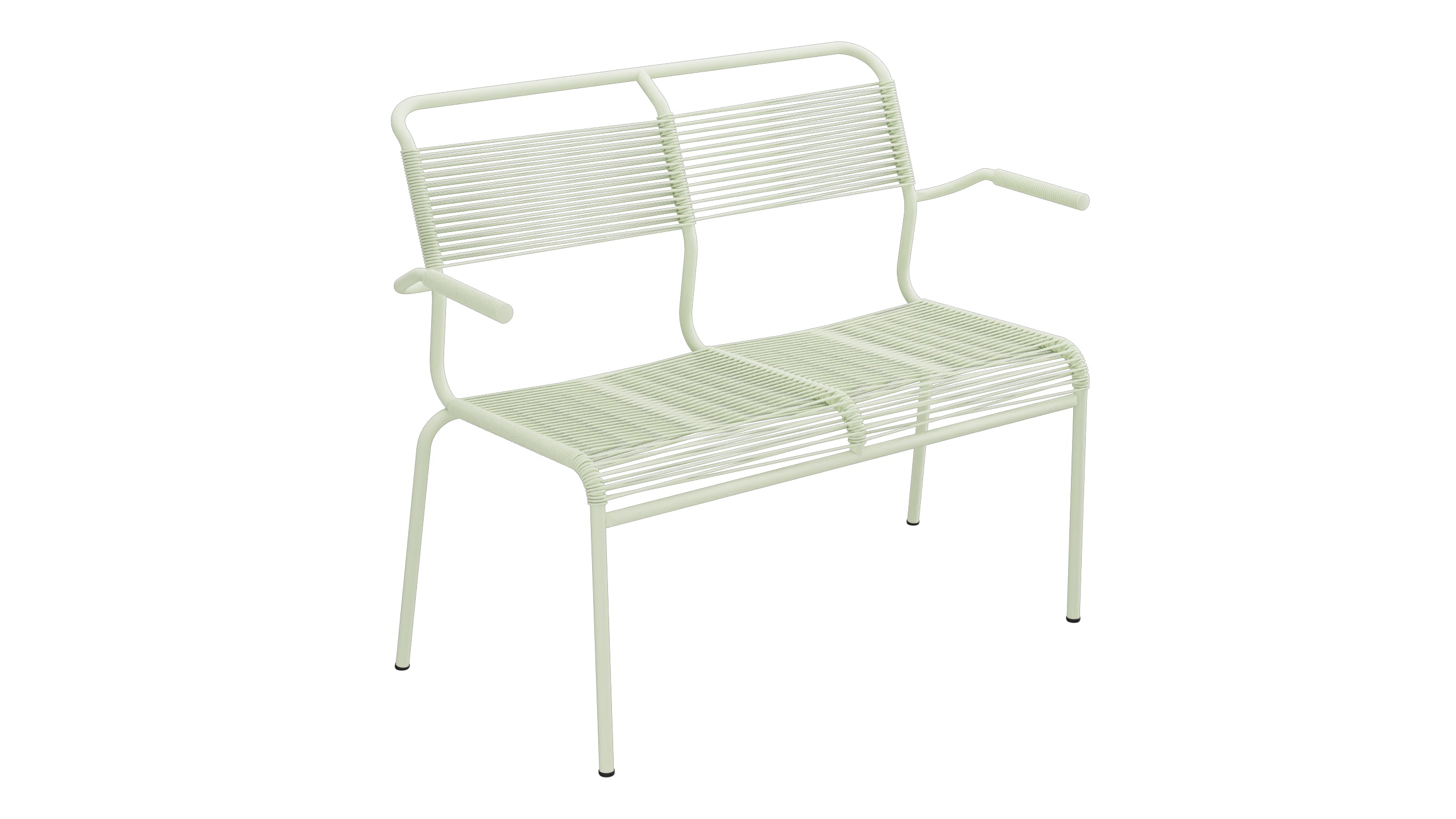 Säntis Spaghetti-2er Gartenbank mit Armlehne in Pastellgrün präsentiert im Onlineshop von KAQTU Design AG. Gartenbank ist von Schaffner