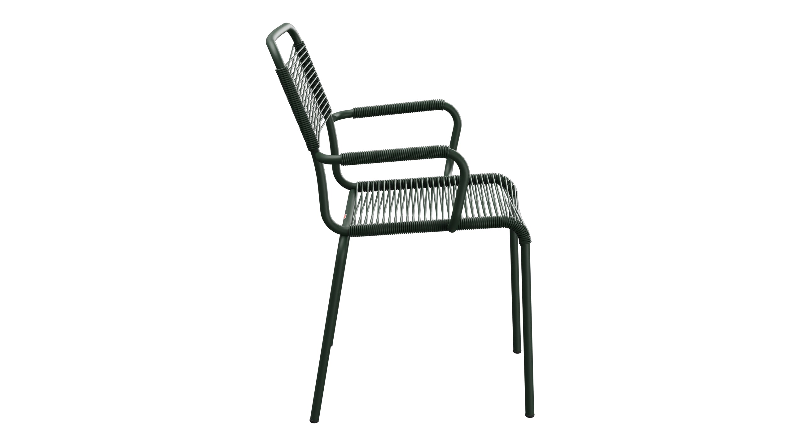 Rigi Spaghetti-Gartenstuhl mit Armlehne in Tannengrün präsentiert im Onlineshop von KAQTU Design AG. Gartenstuhl mit Armlehnen ist von Schaffner