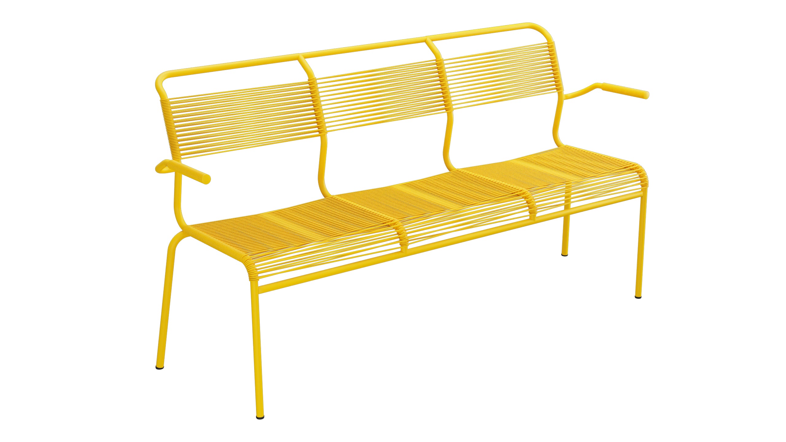 Säntis Spaghetti-3er-Gartenbank mit Armlehne in Gelb präsentiert im Onlineshop von KAQTU Design AG. Gartenbank ist von Schaffner