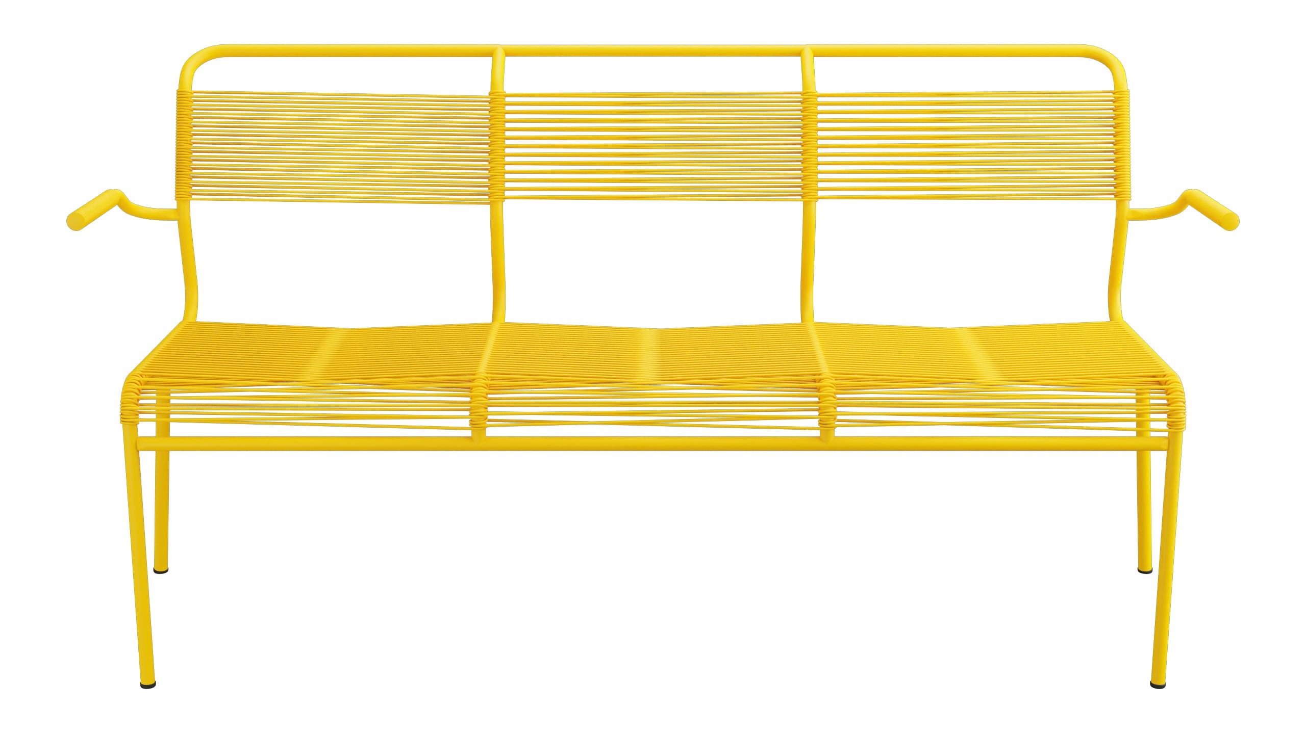 Säntis Spaghetti-3er-Gartenbank mit Armlehne in Gelb präsentiert im Onlineshop von KAQTU Design AG. Gartenbank ist von Schaffner