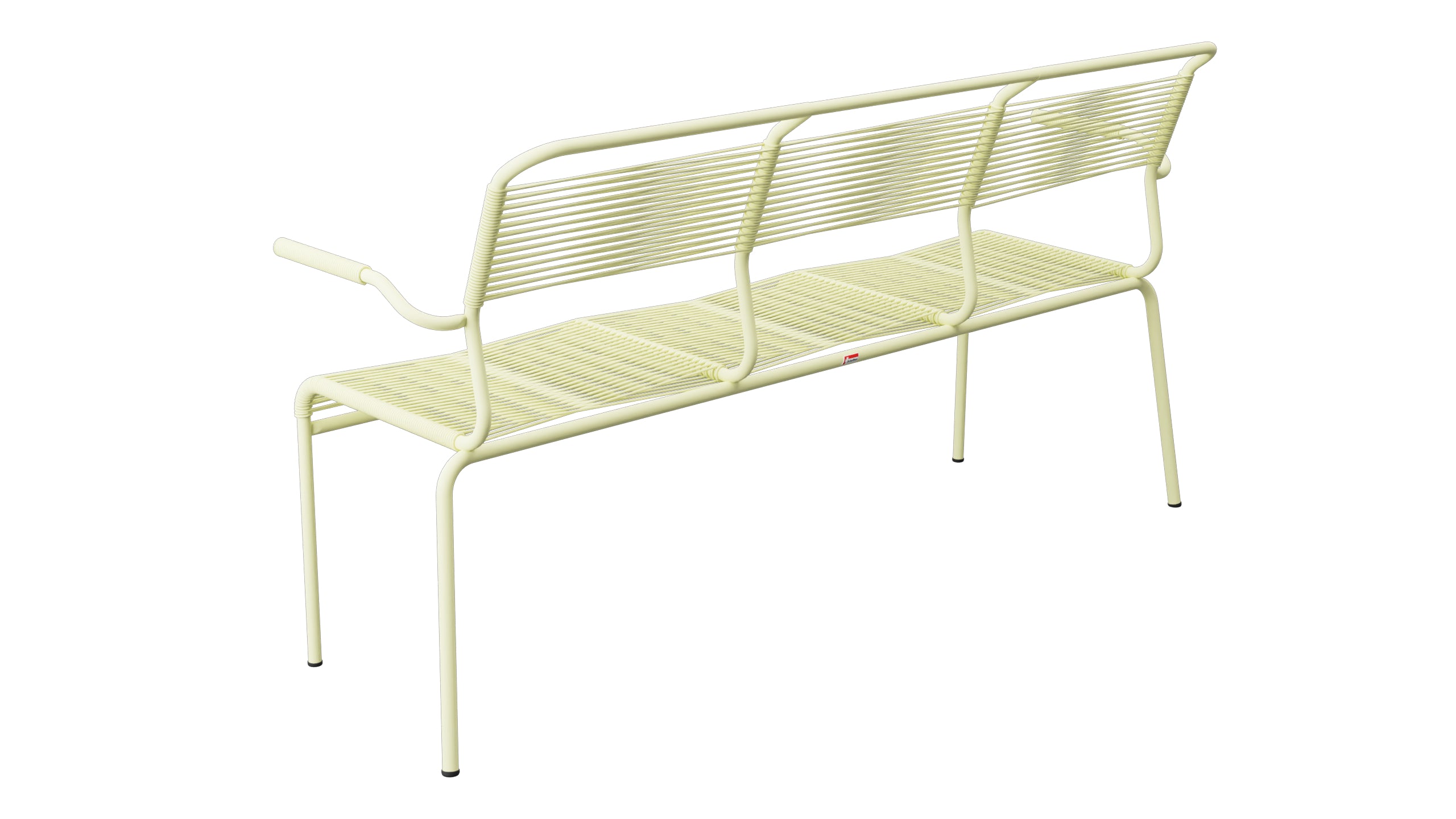 Säntis Spaghetti-3er-Gartenbank mit Armlehne in Buchsbaumgelb präsentiert im Onlineshop von KAQTU Design AG. Gartenbank ist von Schaffner