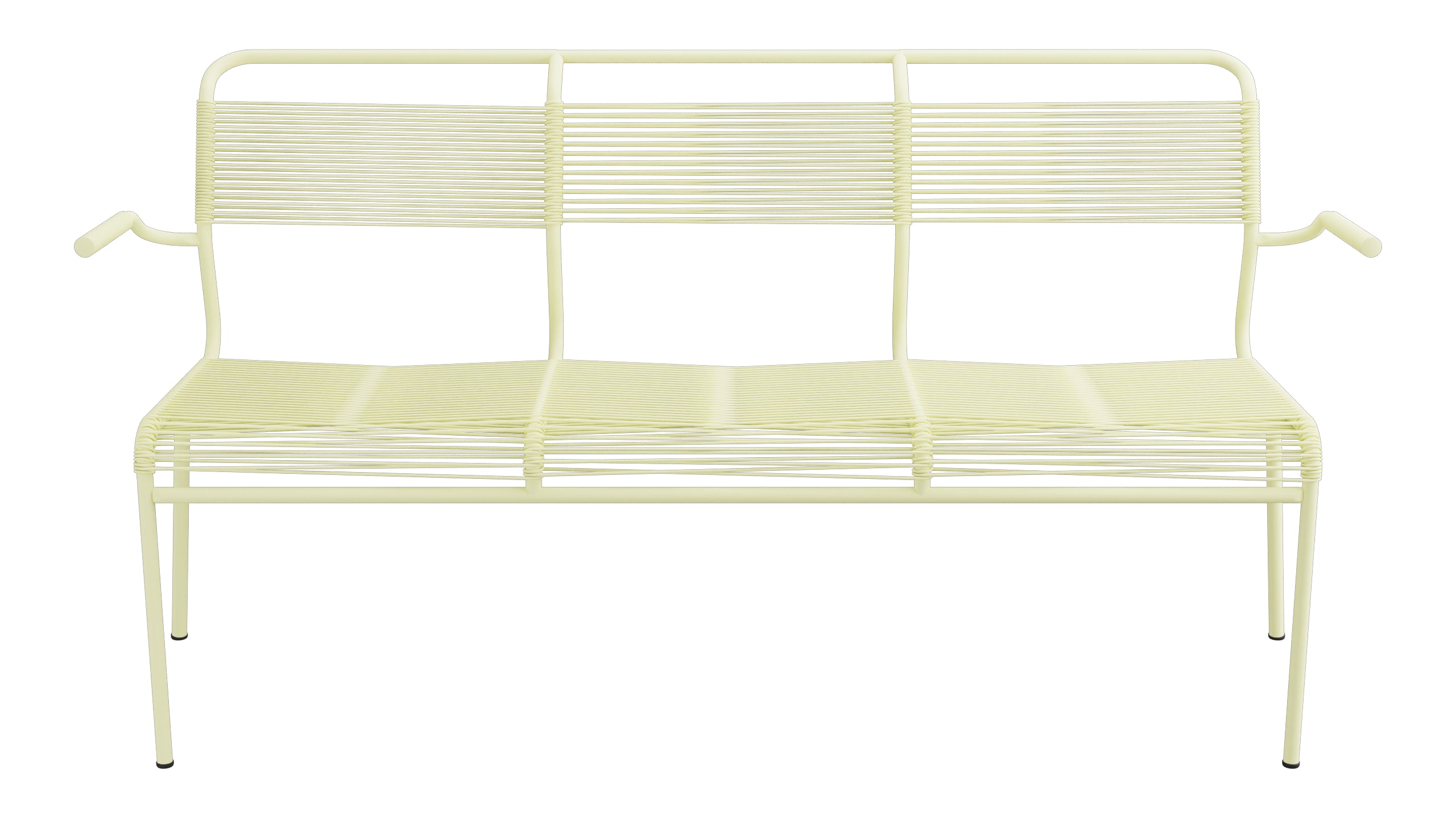 Säntis Spaghetti-3er-Gartenbank mit Armlehne in Buchsbaumgelb präsentiert im Onlineshop von KAQTU Design AG. Gartenbank ist von Schaffner