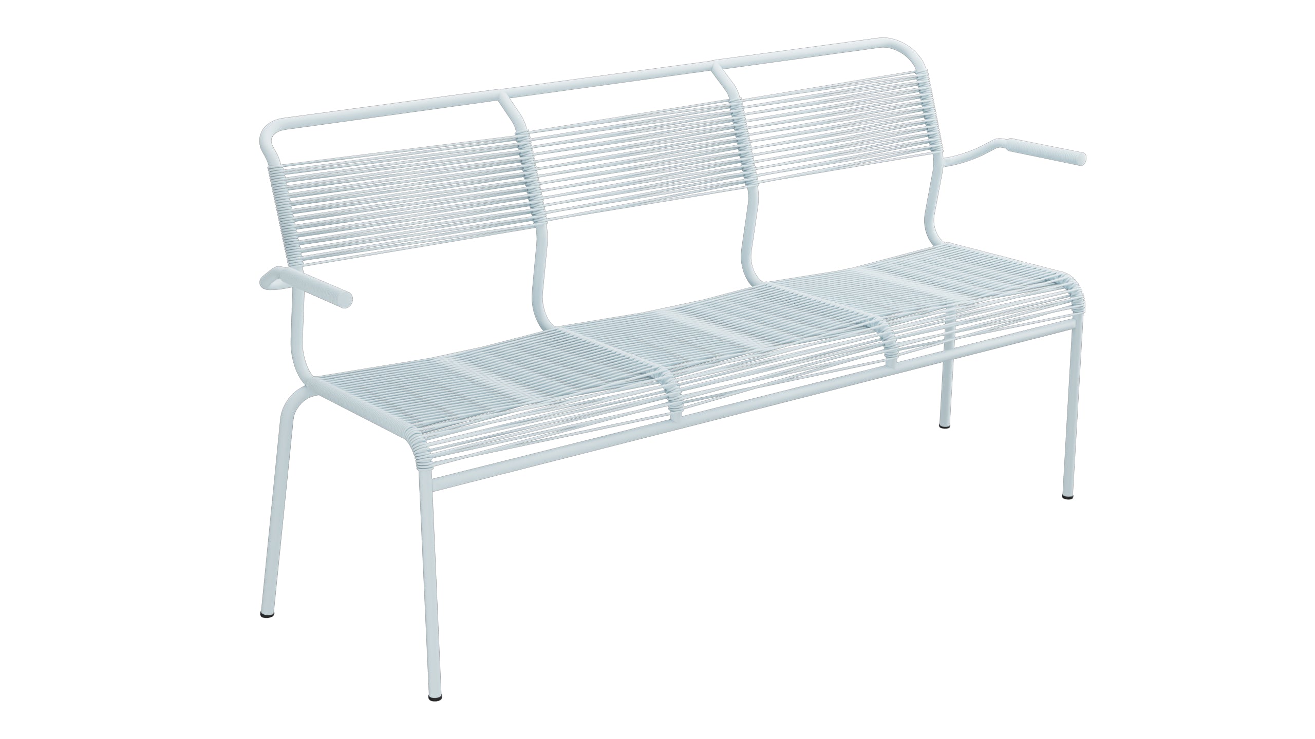 Säntis Spaghetti-3er-Gartenbank mit Armlehne in Pastellblau präsentiert im Onlineshop von KAQTU Design AG. Gartenbank ist von Schaffner