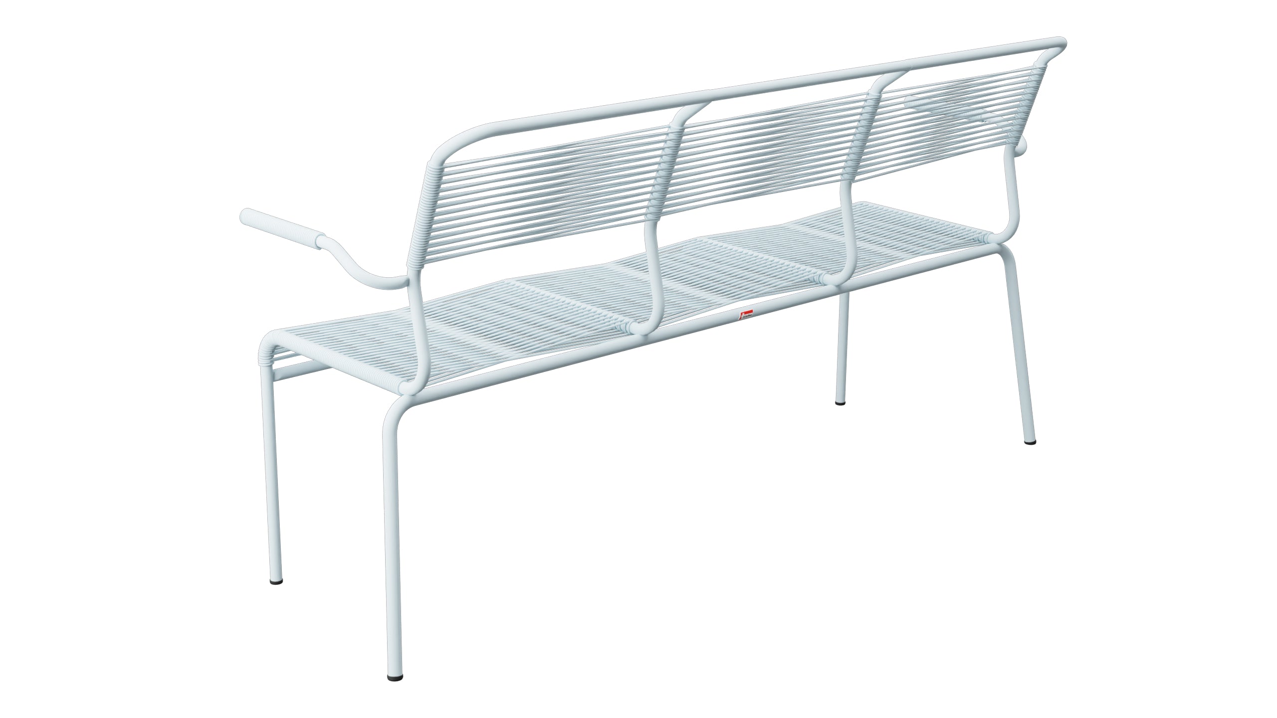 Säntis Spaghetti-3er-Gartenbank mit Armlehne in Pastellblau präsentiert im Onlineshop von KAQTU Design AG. Gartenbank ist von Schaffner