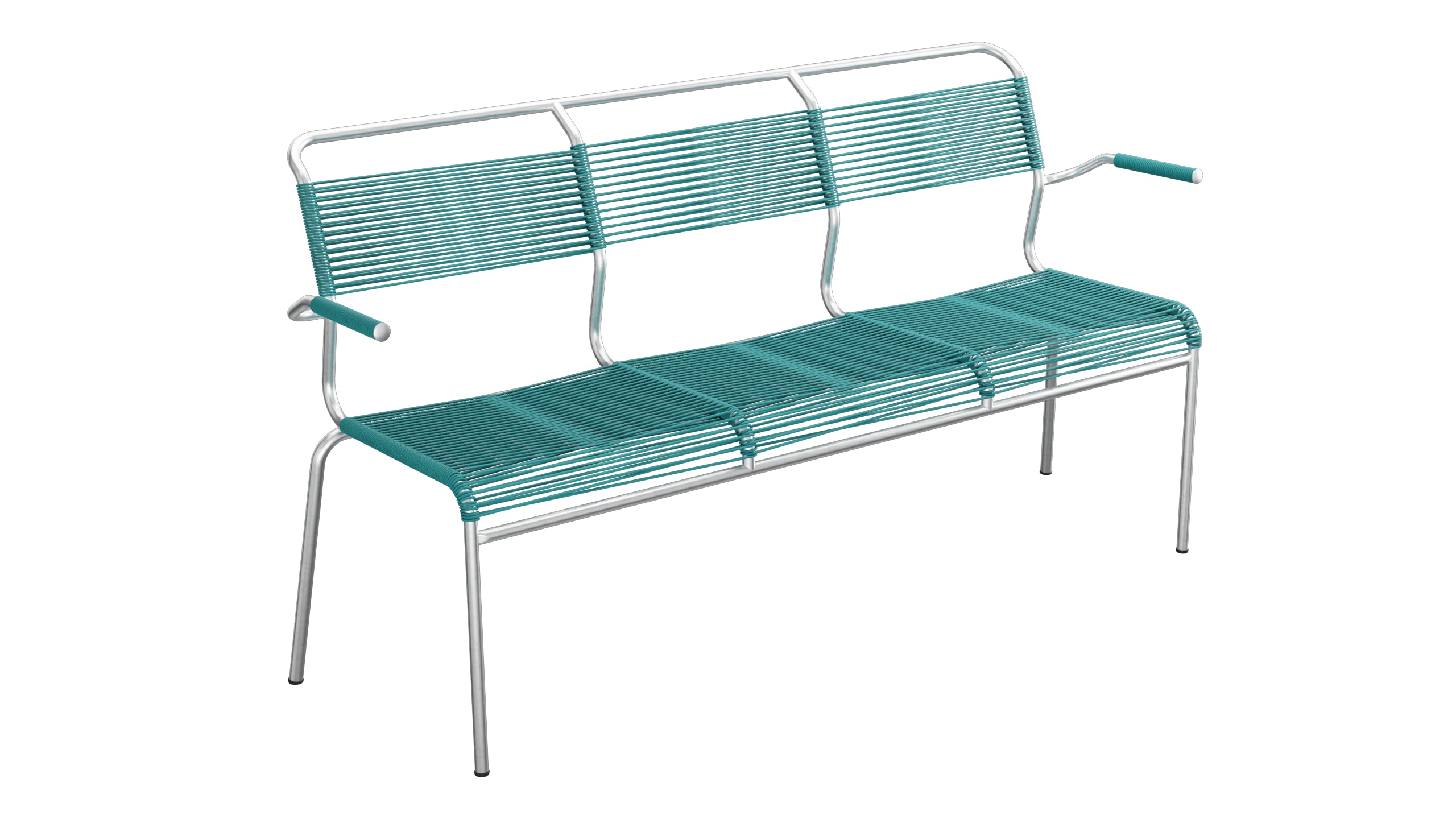 Säntis Spaghetti-3er-Gartenbank mit Armlehne in Kaliblau präsentiert im Onlineshop von KAQTU Design AG. Gartenbank ist von Schaffner
